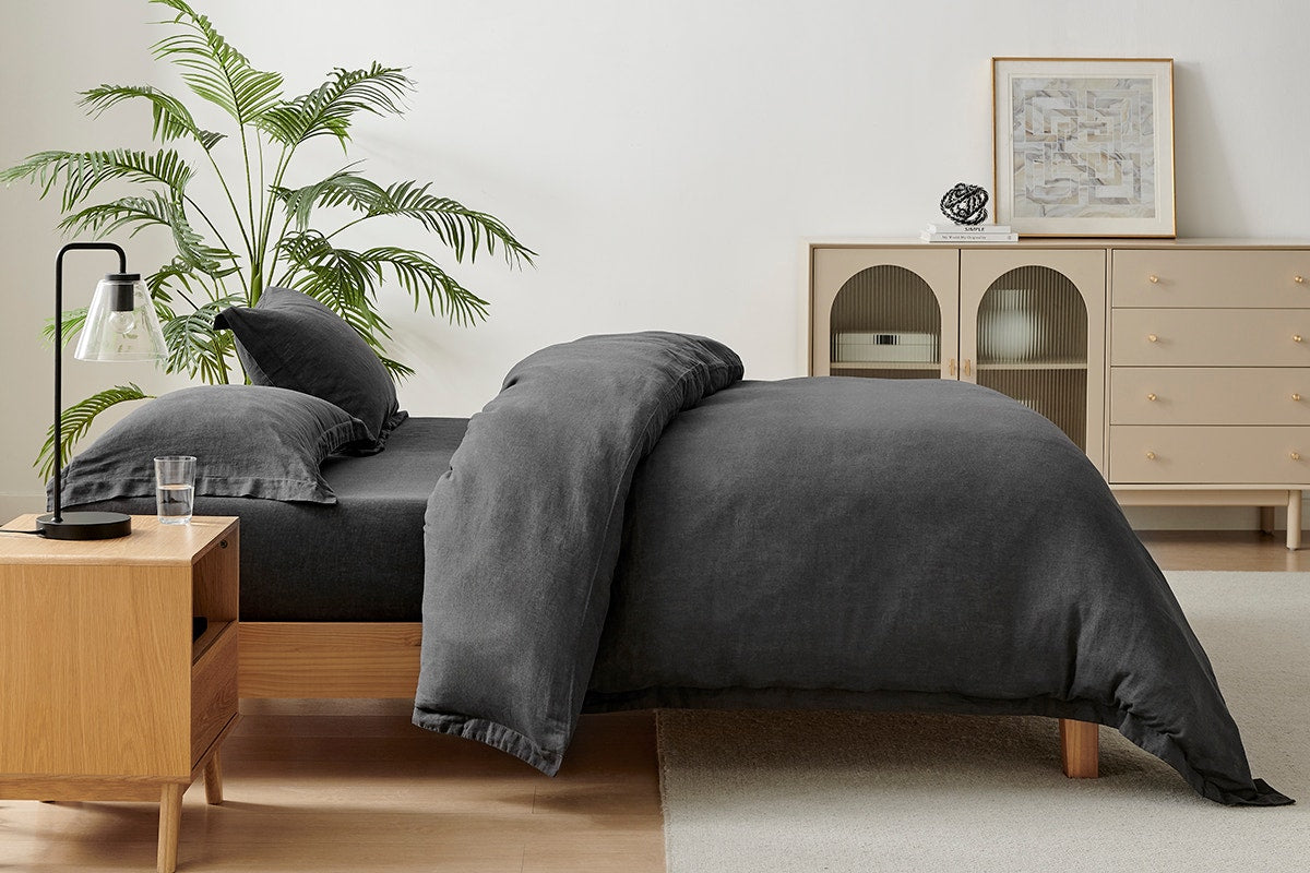 Brosa Washed Linen Cotton Quilt Cover Set (Charcoal, King)