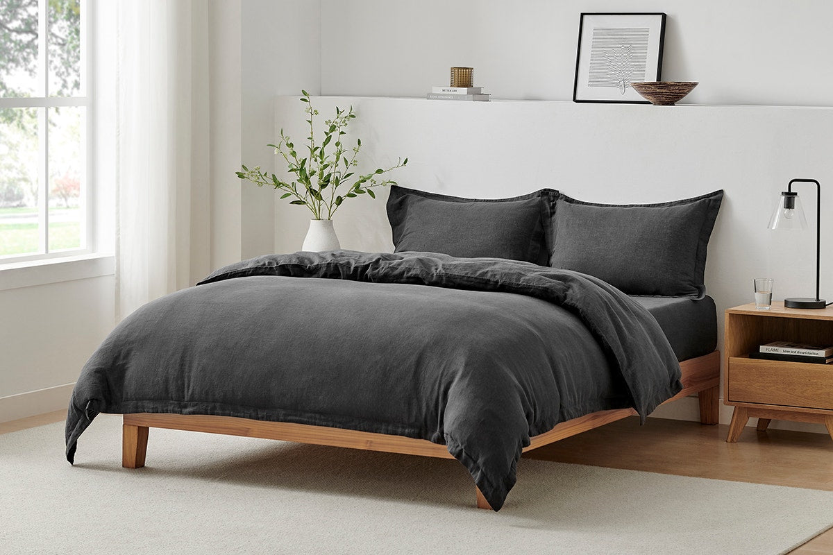 Brosa Washed Linen Cotton Quilt Cover Set (Charcoal, Queen)