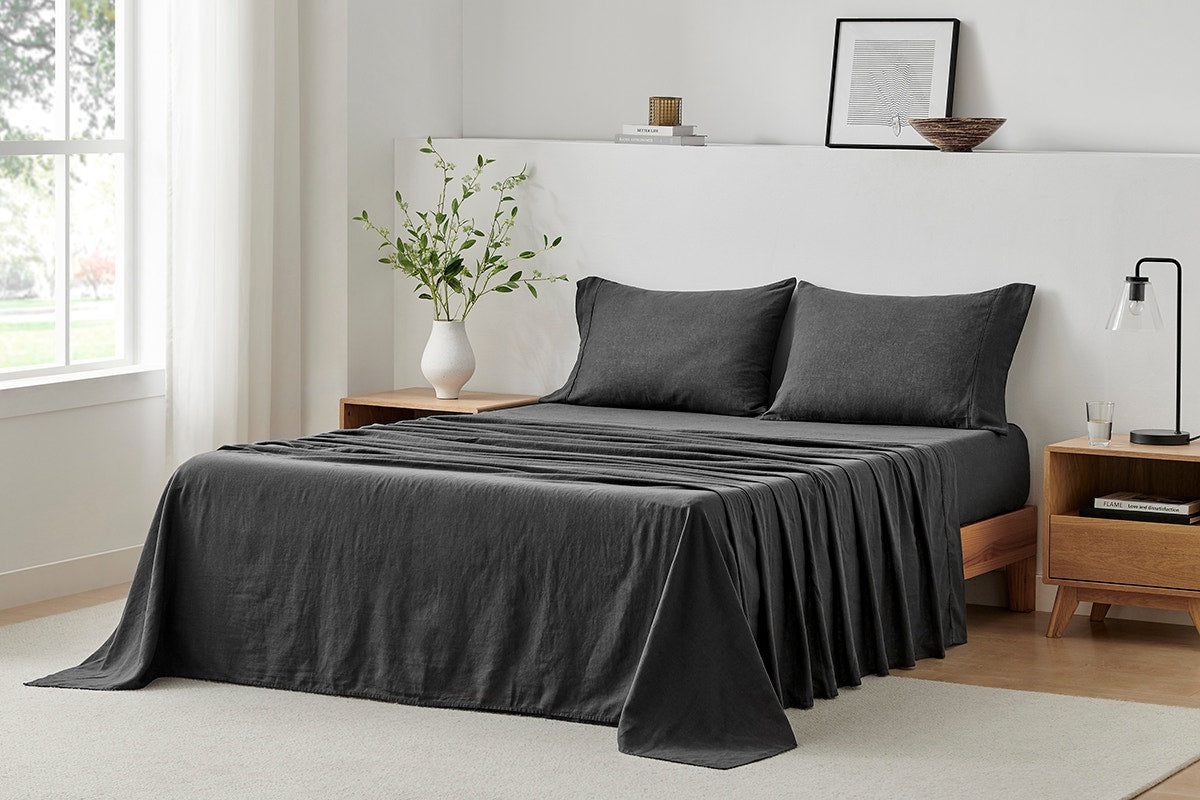 Brosa Washed Linen Cotton Bed Sheet Set (Charcoal, Queen)