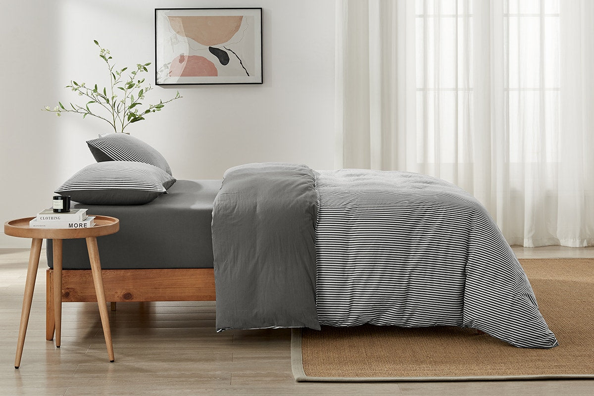 Brosa Stonewashed Cotton Reversible Striped Quilt Cover Set (Charcoal, King)