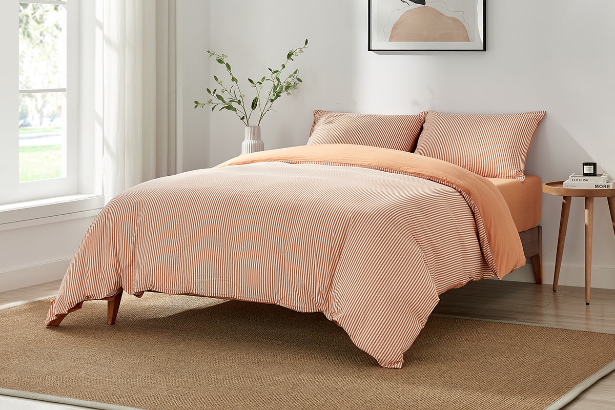 Brosa Stonewashed Cotton Reversible Striped Quilt Cover Set (Terracotta, King)