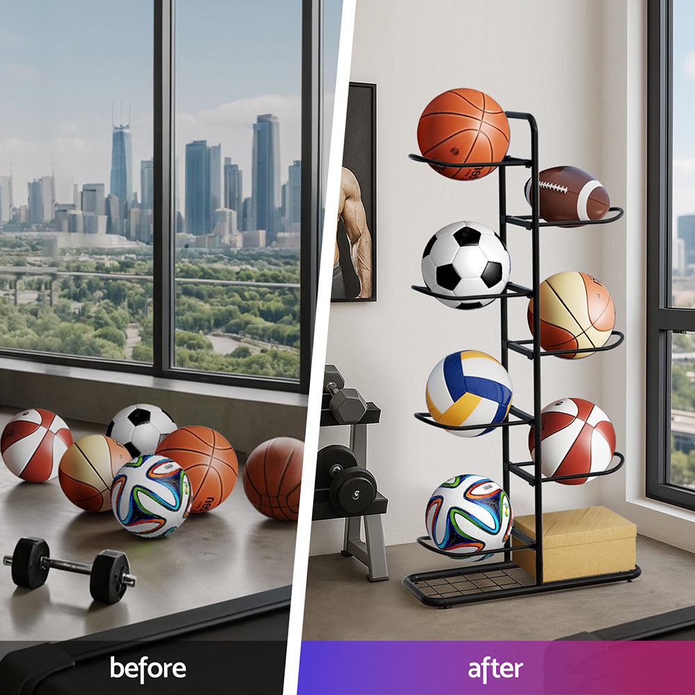 Everfit 7-Tier Ball Storage Rack Sports Equipment Organiser - Black