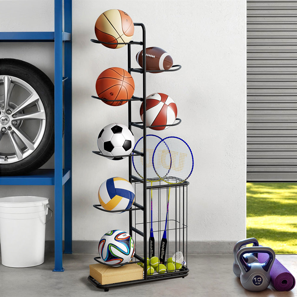 Everfit 7 Tier Ball Storage Rack Sports Equipment Organiser Black with Basket