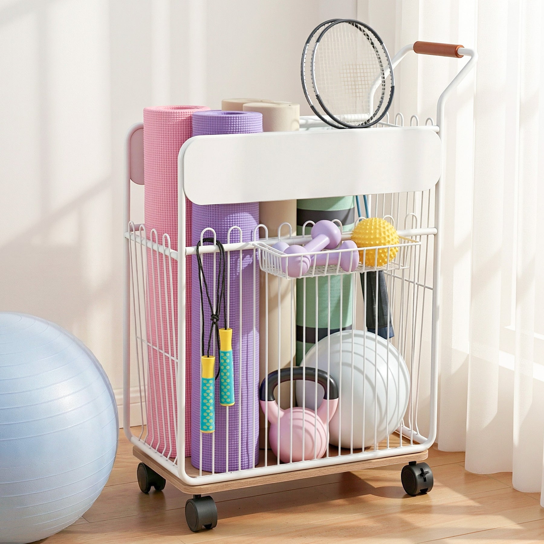 Everfit White Mobile Yoga Mat Storage Rack with Wheels