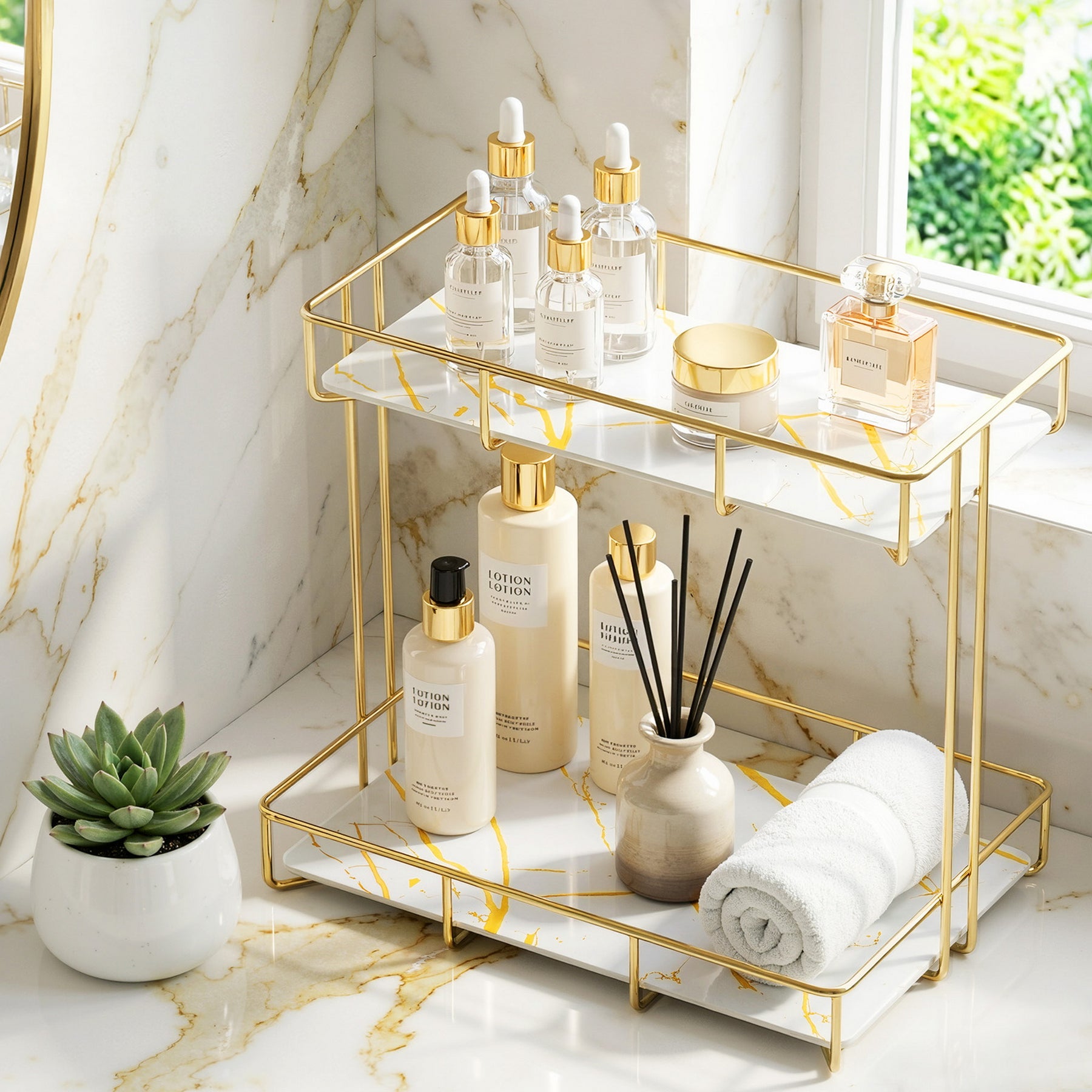 Artiss 2 Tier Gold Marble Look Corner Bathroom Storage Rack Organiser