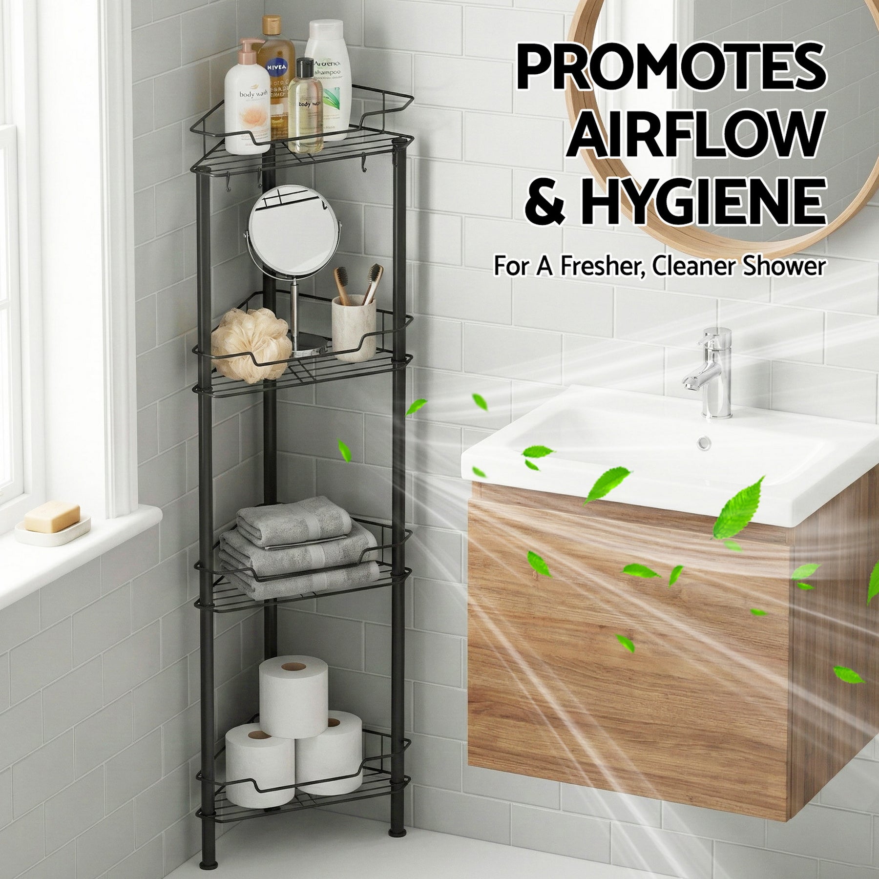 Artiss 4 Tier Black Floor Standing Corner Shower Caddy Bathroom Organiser