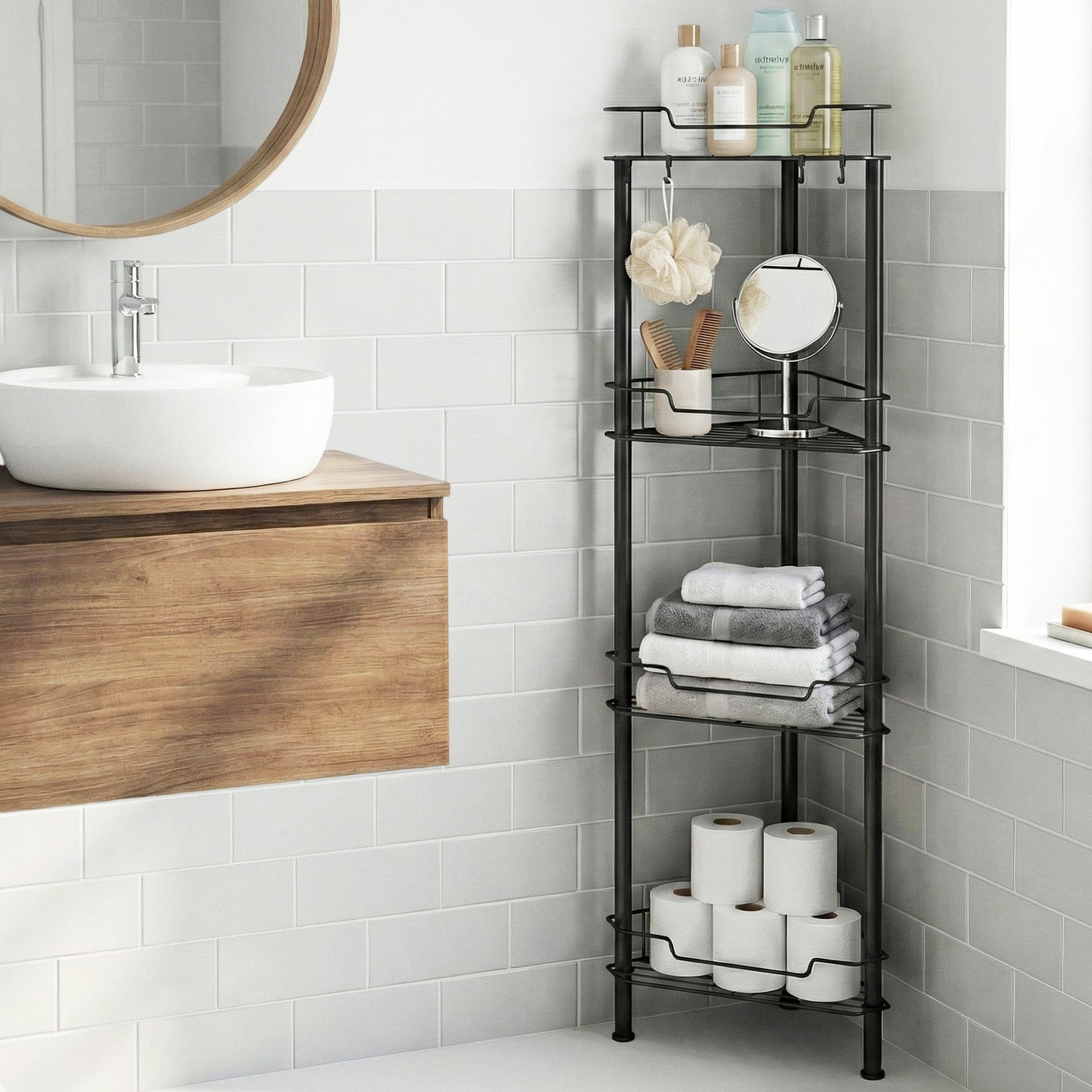 Artiss 4 Tier Black Floor Standing Corner Shower Caddy Bathroom Organiser