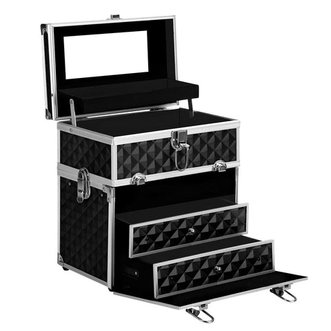 Embellir Portable Cosmetic Beauty Makeup Carry Case with Mirror - Diamond Black - SuperSaverAU - view 1