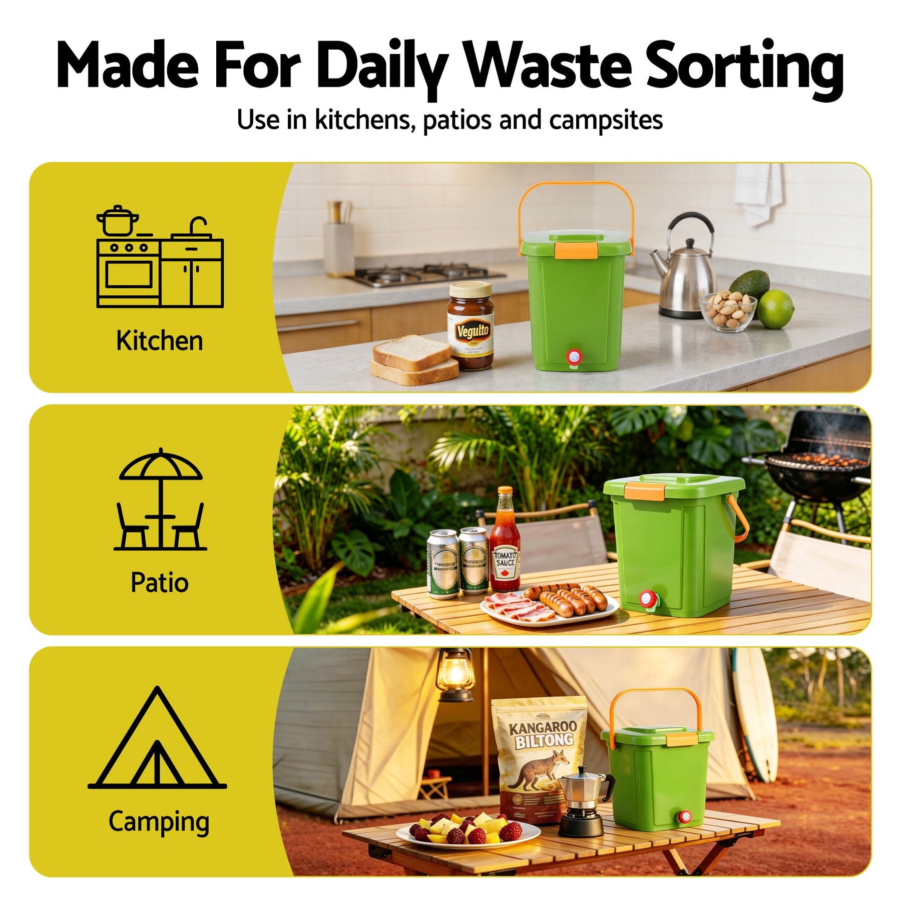 Gardeon 15L Green Kitchen Compost Bin with Drain Tap