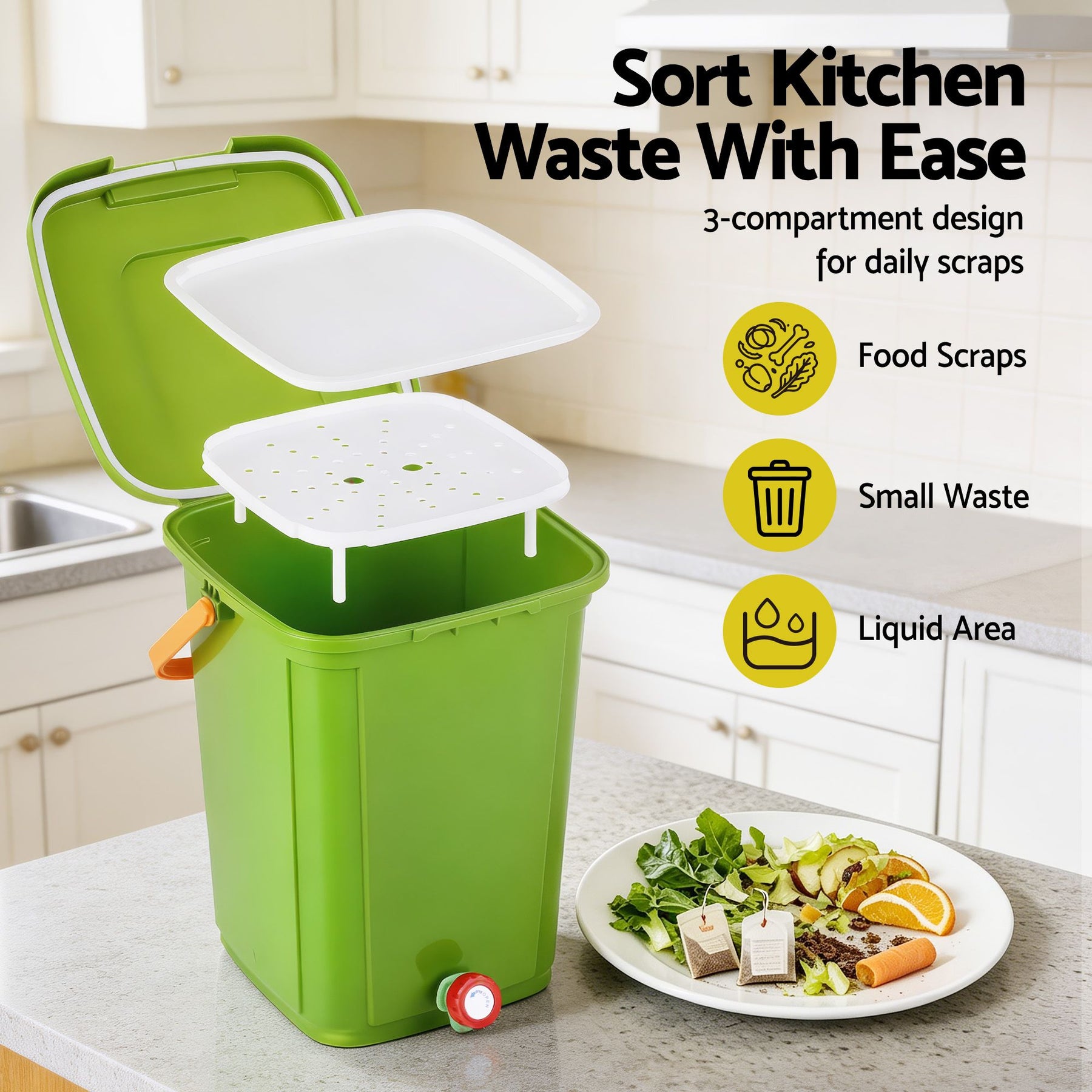 Gardeon 20L Kitchen Compost Bin with Drain Tap - Green