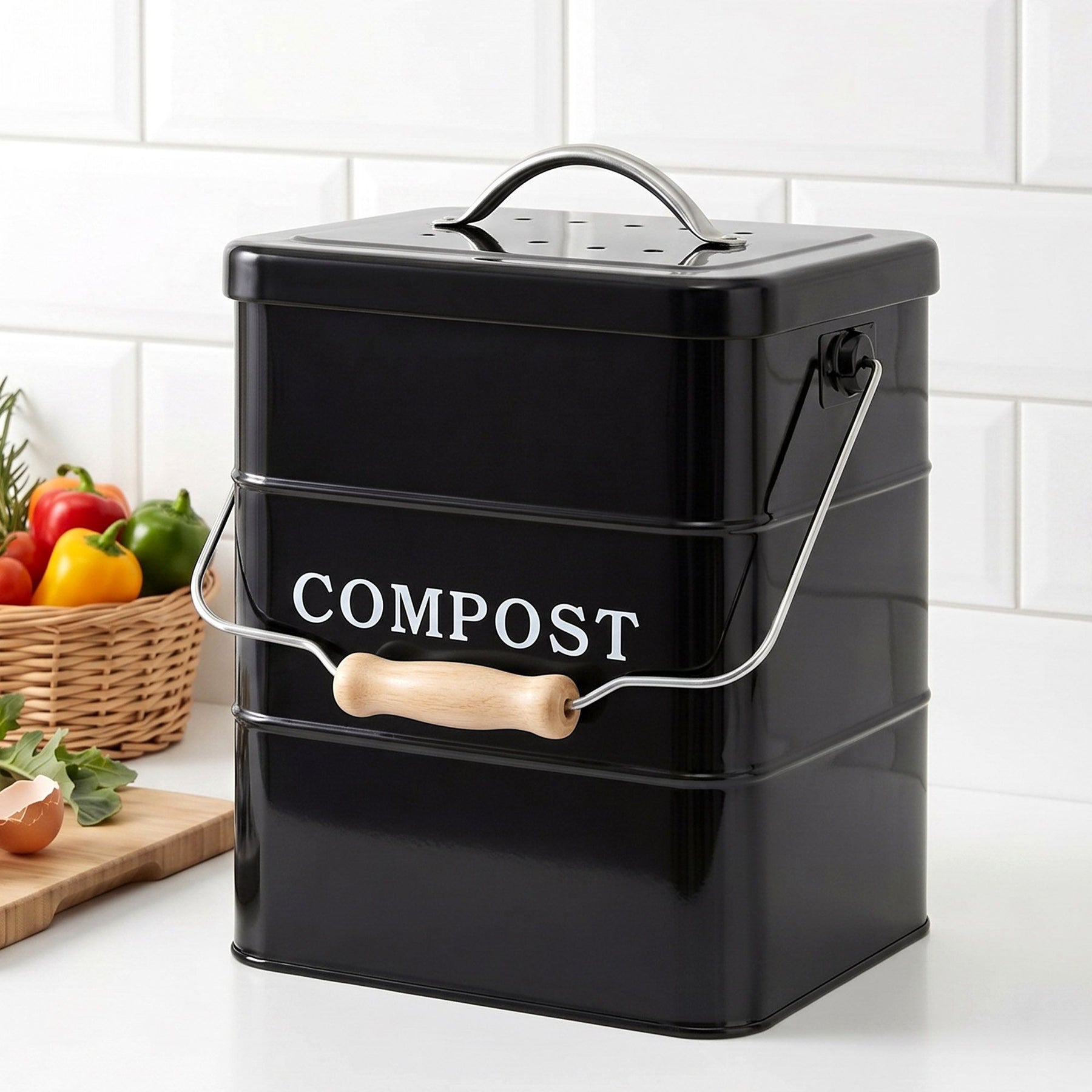 Gardeon 5L Kitchen Compost Bin – Black Galvanised Iron Countertop Caddy with Ventilated Lid