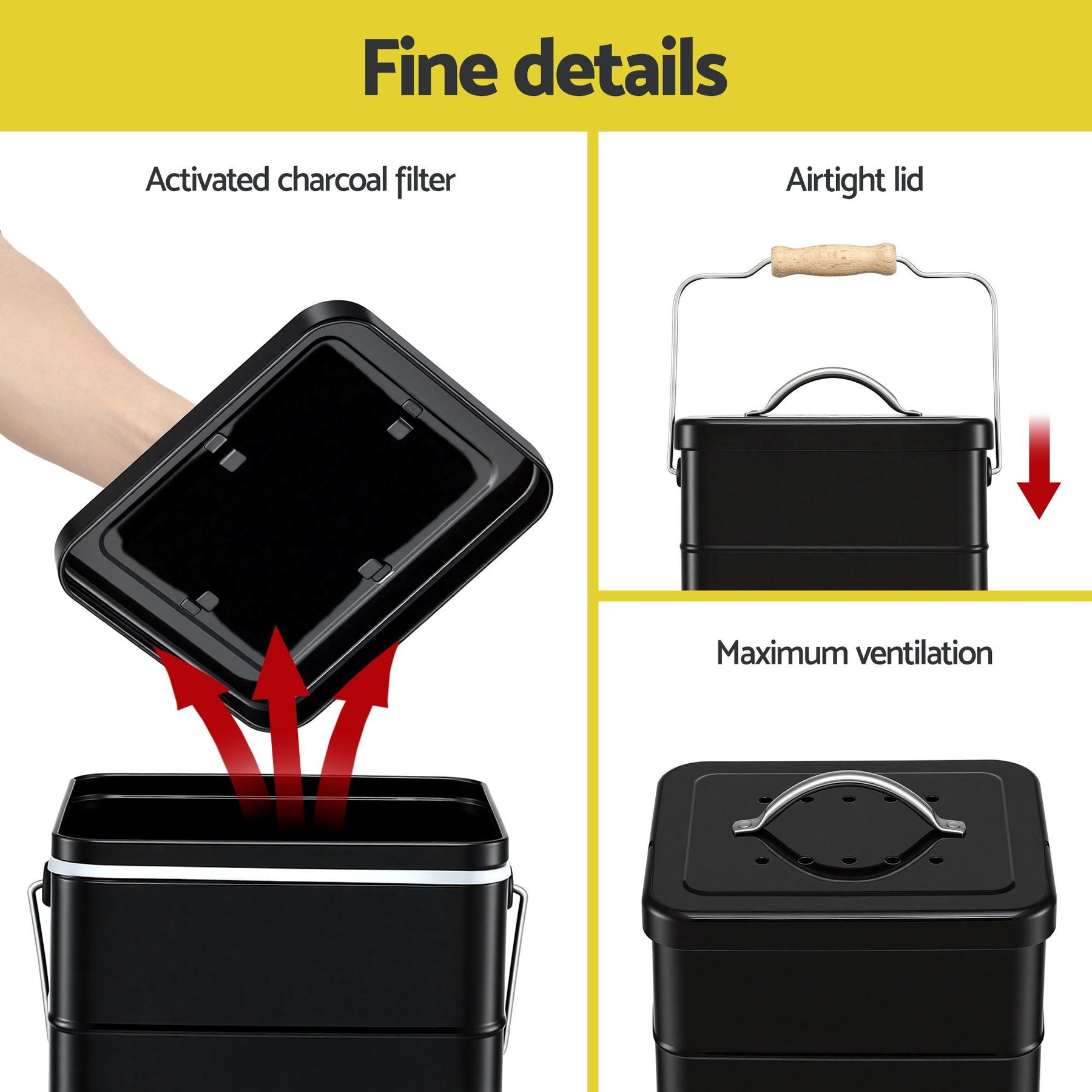 Gardeon 5L Kitchen Compost Bin – Black Galvanised Iron Countertop Caddy with Ventilated Lid