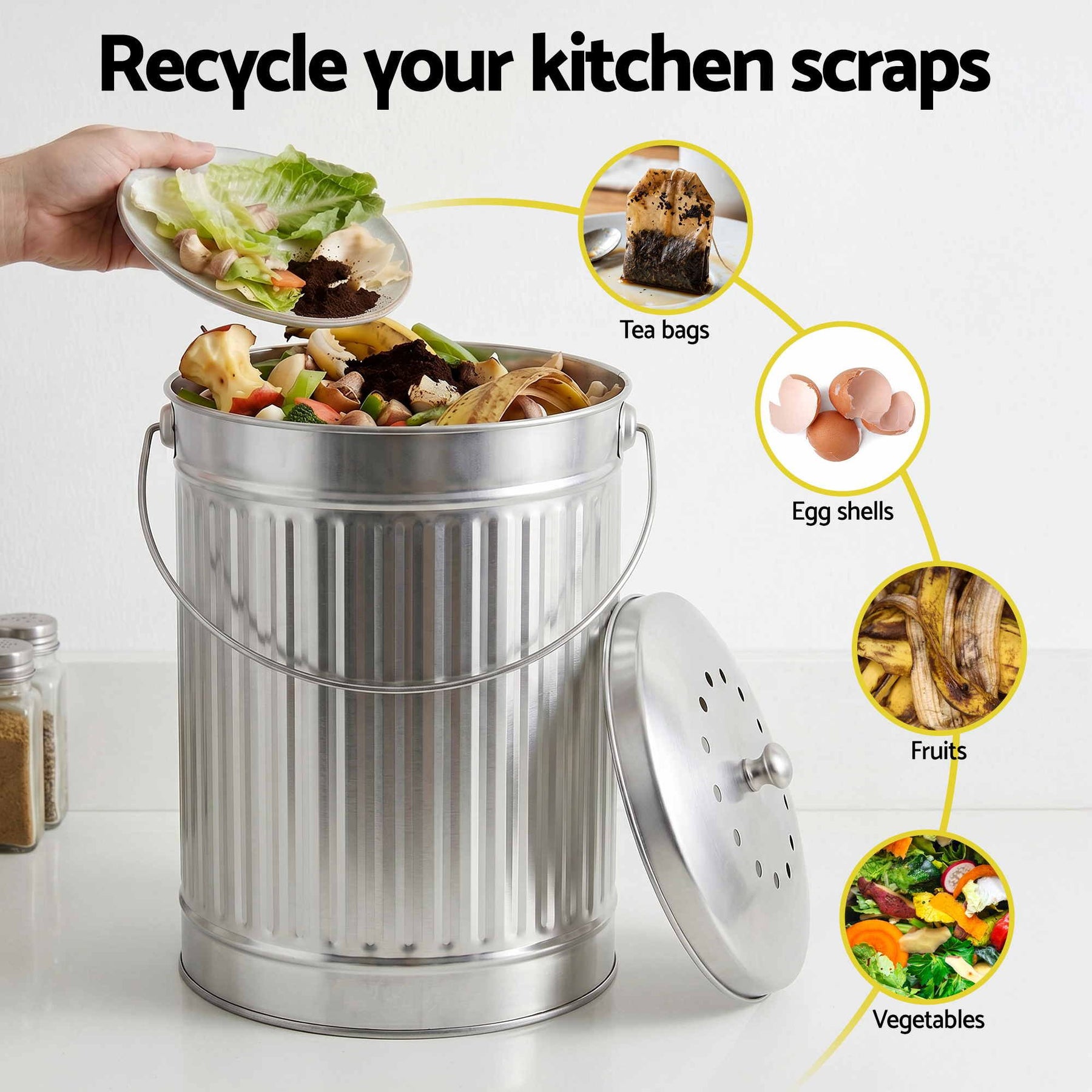 Gardeon 6L Kitchen Compost Bin – White Stainless Steel Countertop Caddy with Ventilated Lid