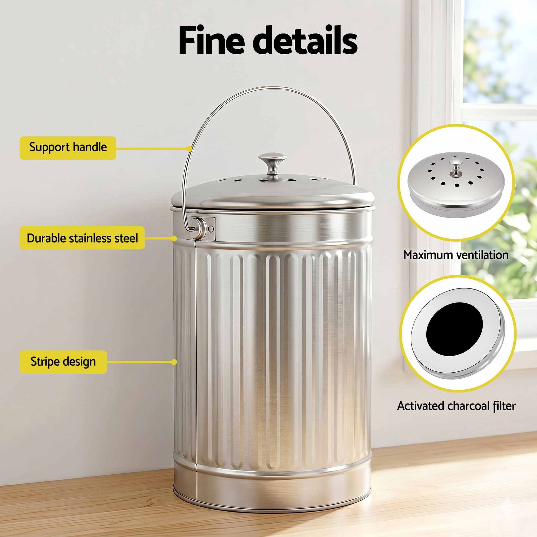 Gardeon 6L Kitchen Compost Bin – White Stainless Steel Countertop Caddy with Ventilated Lid