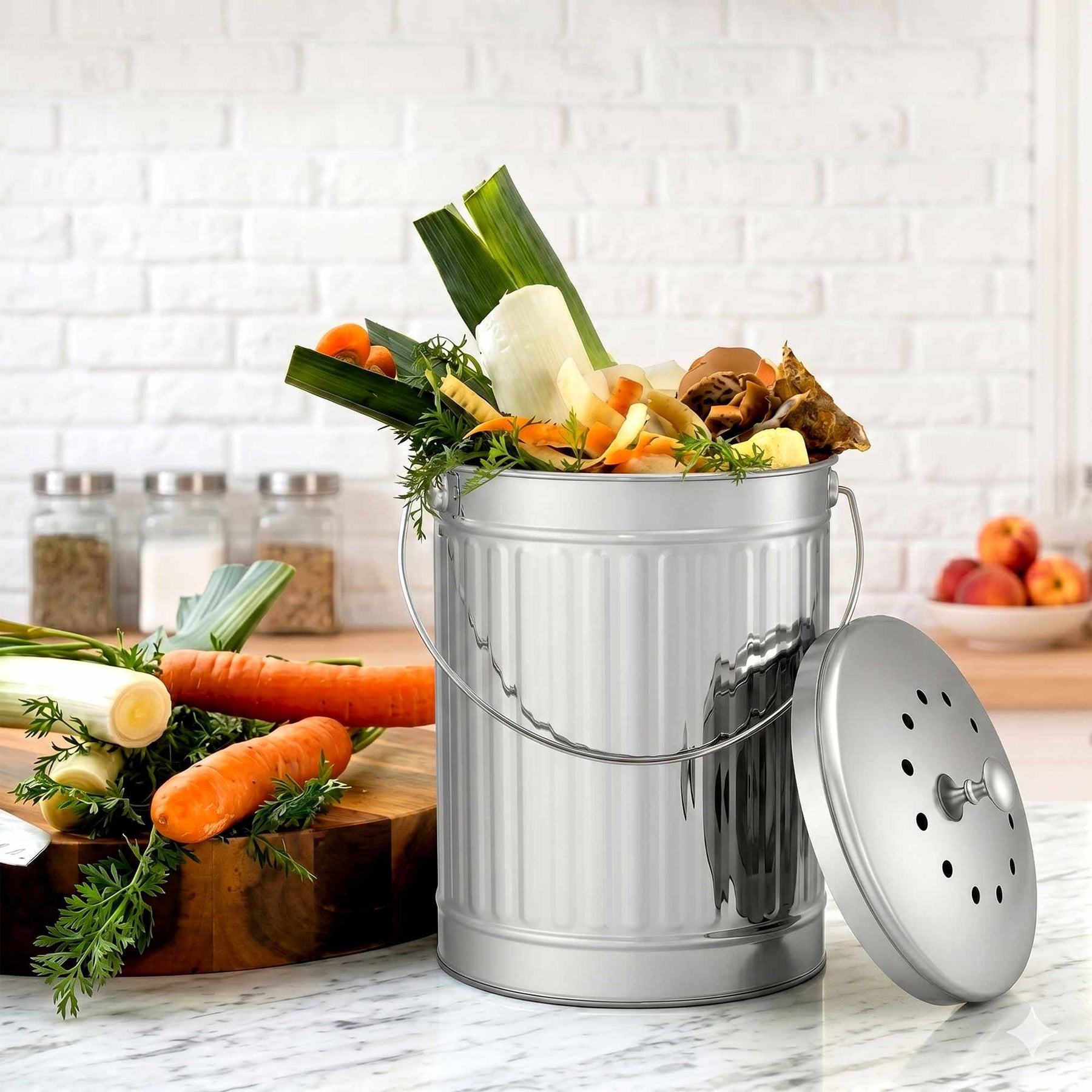 Gardeon 6L Kitchen Compost Bin – White Stainless Steel Countertop Caddy with Ventilated Lid