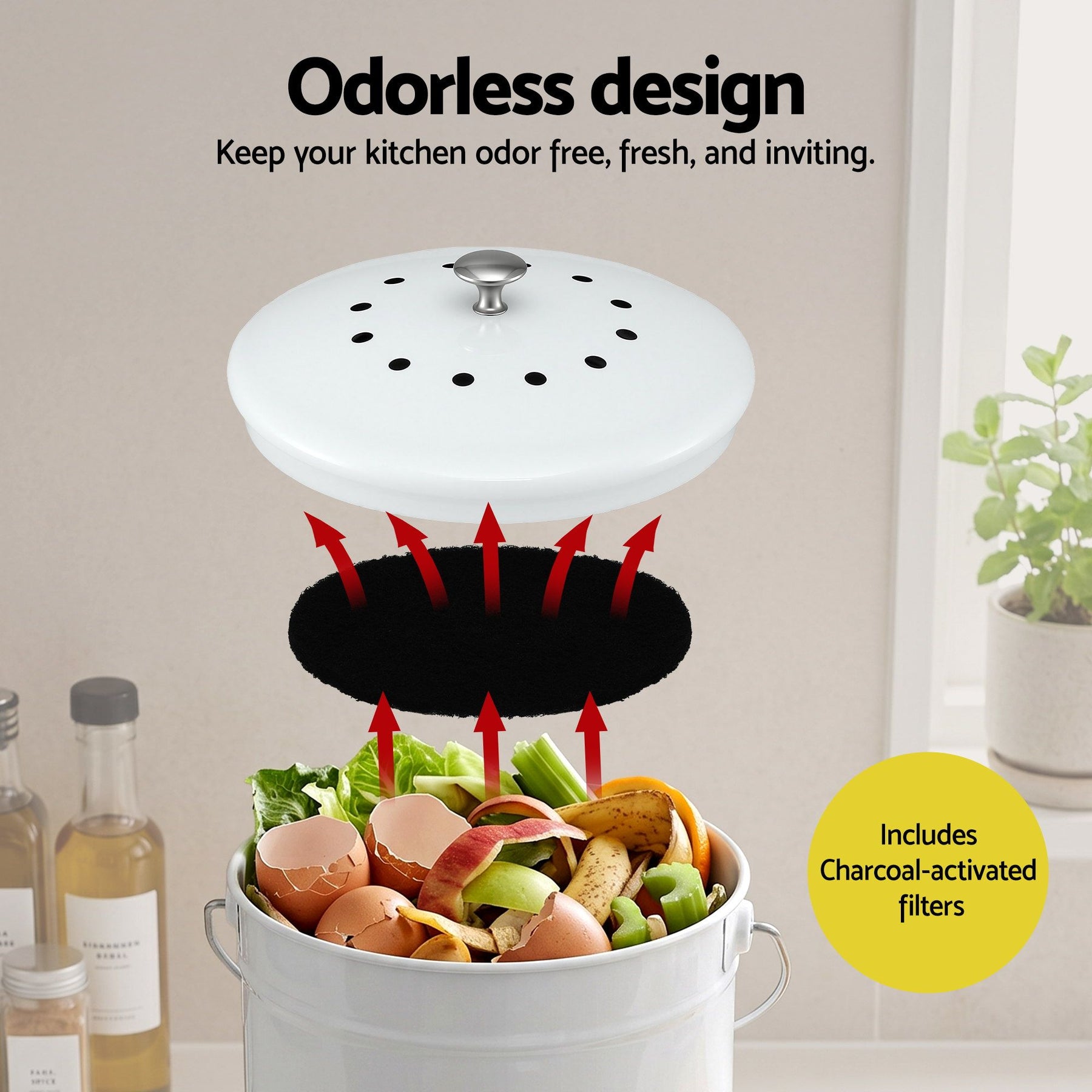 Gardeon 6L Kitchen Compost Bin – White Galvanised Iron Countertop Caddy with Ventilated Lid