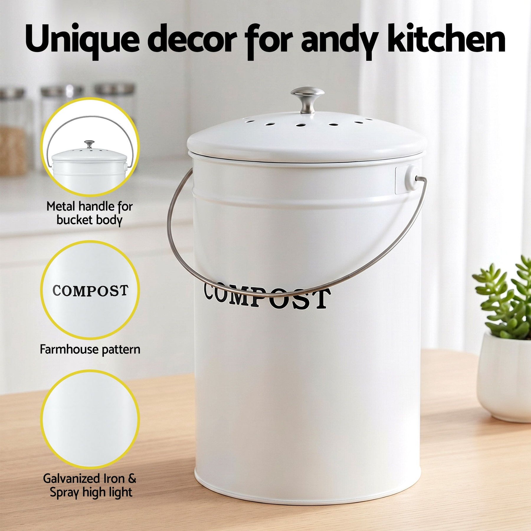 Gardeon 6L Kitchen Compost Bin – White Galvanised Iron Countertop Caddy with Ventilated Lid