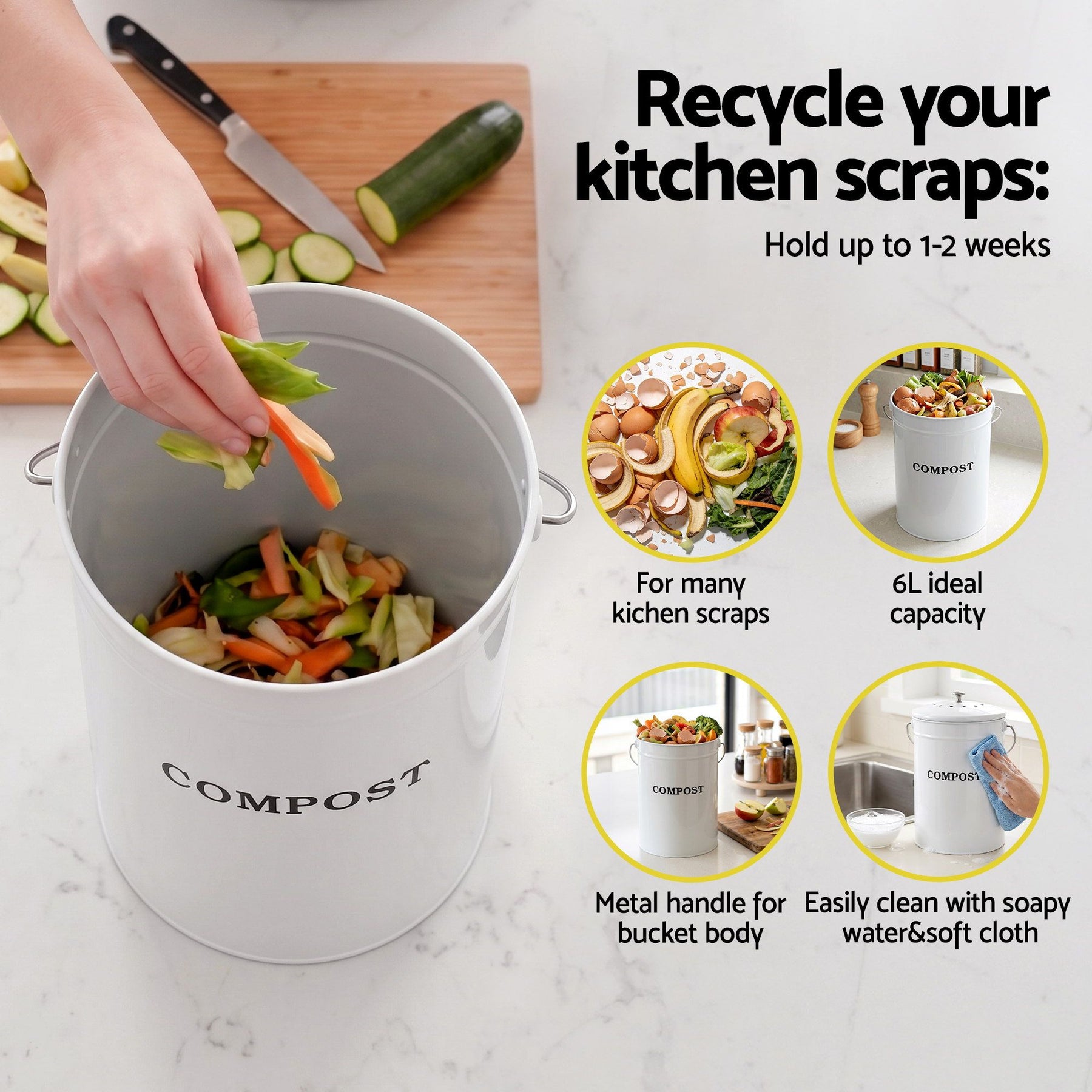 Gardeon 6L Kitchen Compost Bin – White Galvanised Iron Countertop Caddy with Ventilated Lid