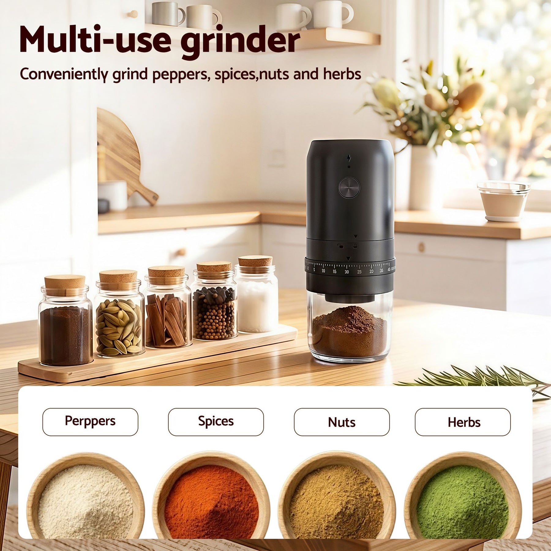 Devanti Electric Coffee Grinder USB-C Rechargeable Portable Coffee Bean Grinder with 40 Precise Grind Settings | Automatic Spice Nut Pepper Grinder Mill with Cleaning Brush & Ground Coffee Container for Home Office Camping Travel, Black - SuperSaverAU - view 6