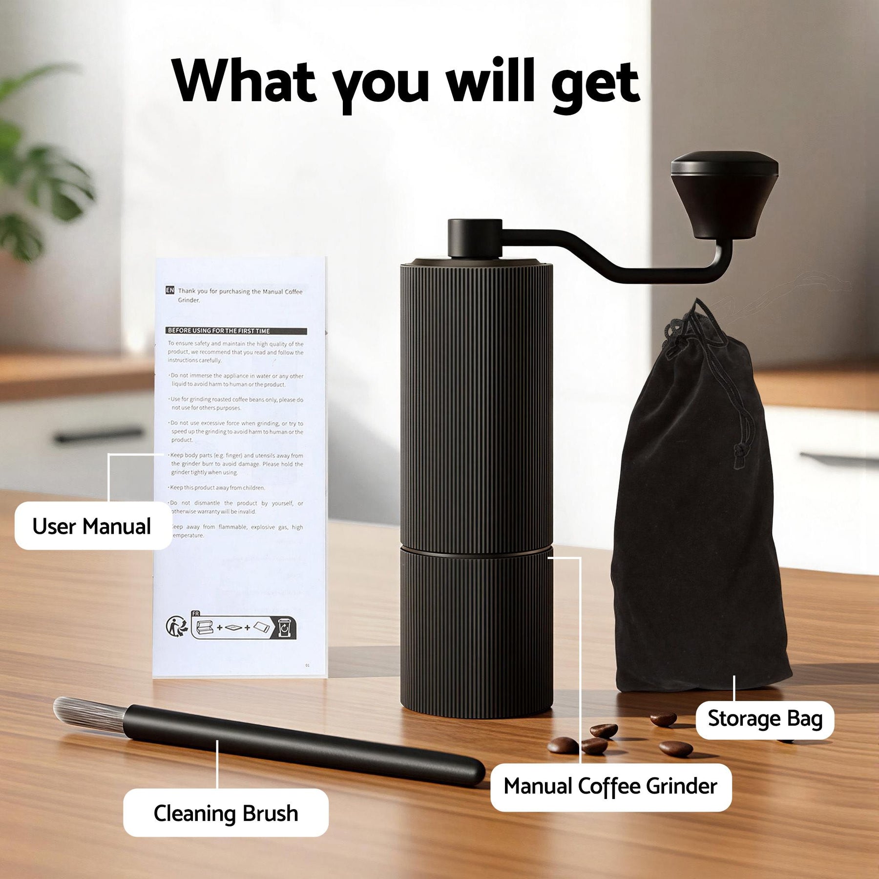 Devanti Manual Coffee Grinder with 24 Adjustable Settings | Hand Coffee Bean Burr Mill for Espresso French Press | Portable Stainless Steel Quiet Grinder with Storage Bag for Travel Camping, Black - SuperSaverAU - view 6