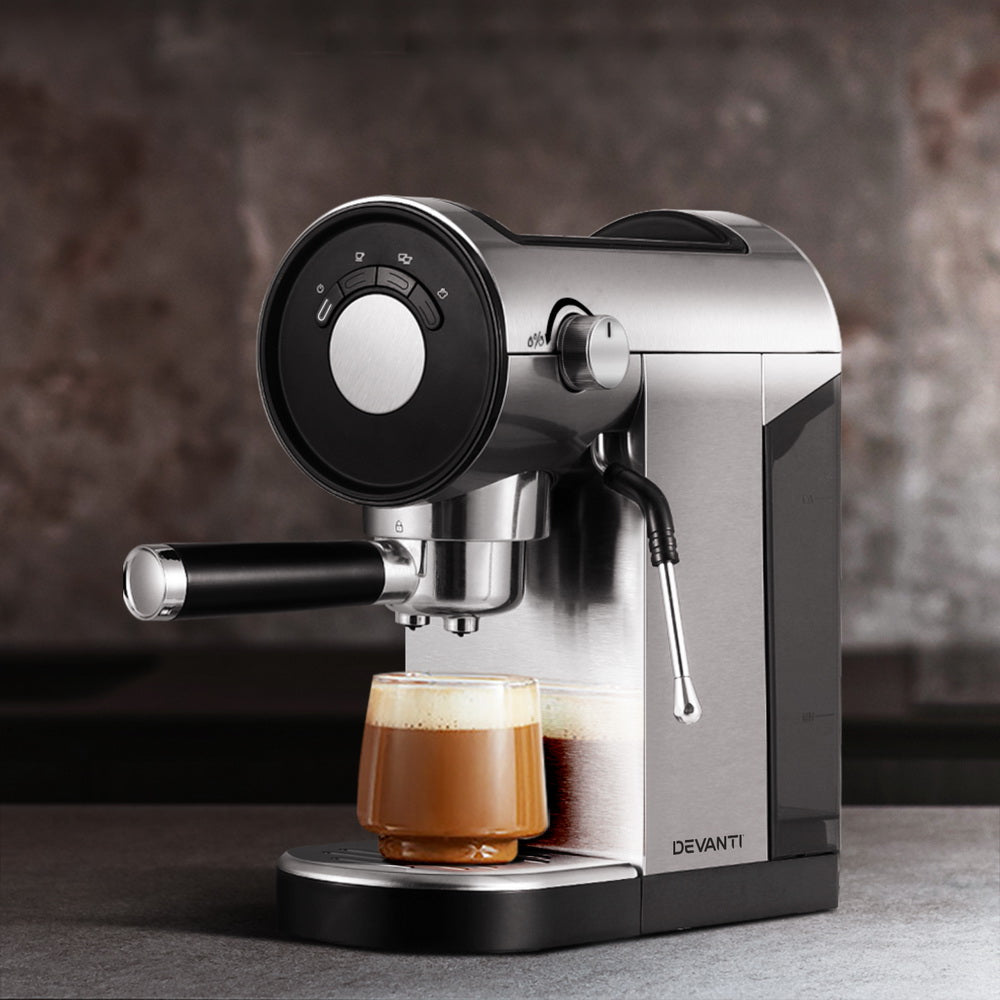 Devanti Espresso Machine 20 Bar Pressure, 0.9L Water Tank, Milk Frother, Silver - SuperSaverAU - view 7