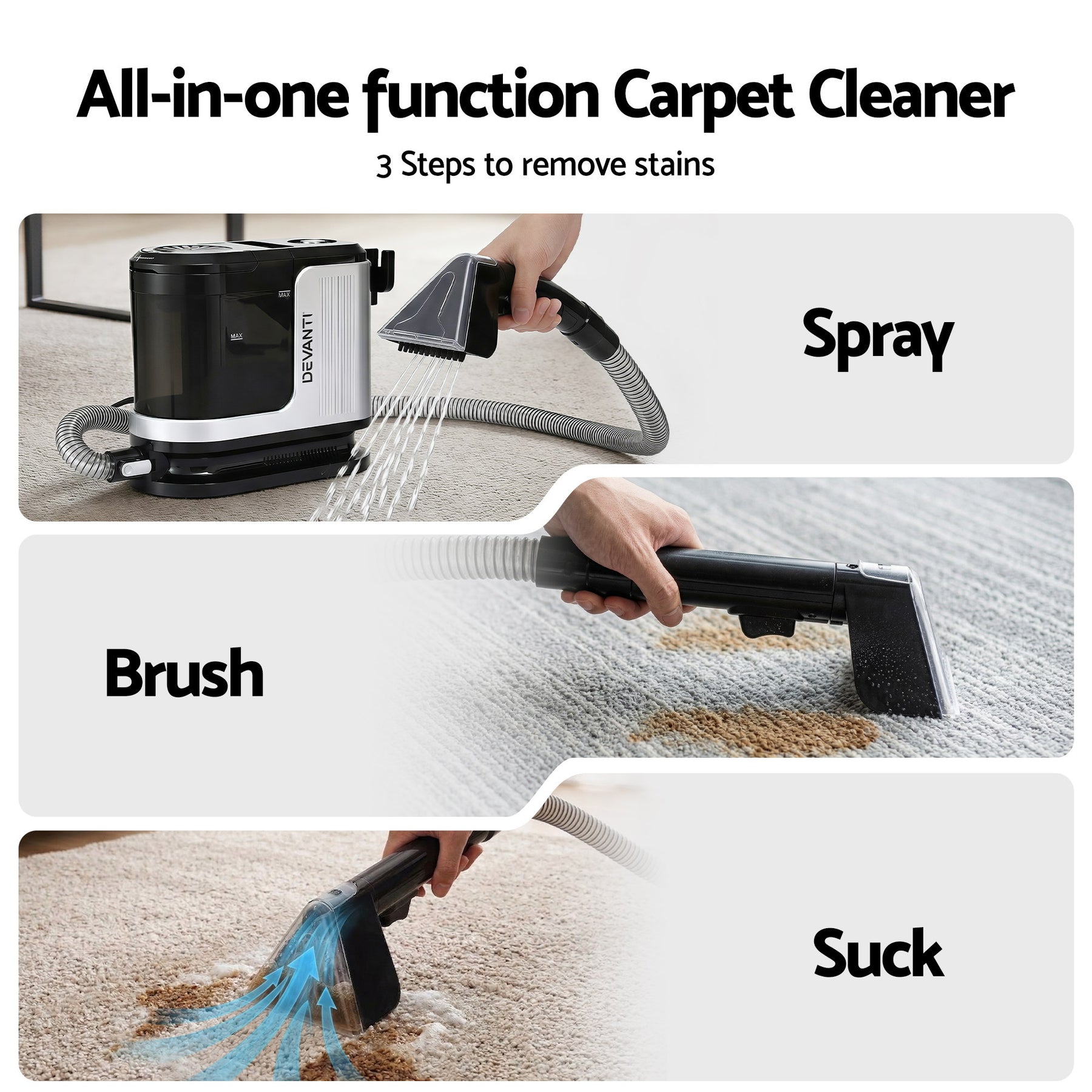 Devanti Carpet Washer Vacuum Cleaner 600W 13kpa Hose Self-Cleaning Function - SuperSaverAU - view 4