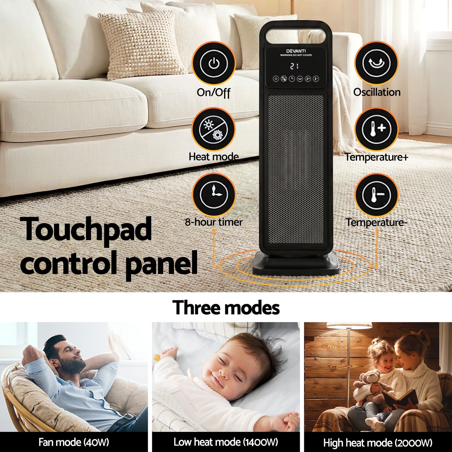 Devanti 2000W Ceramic Tower Heater with Remote - Black
