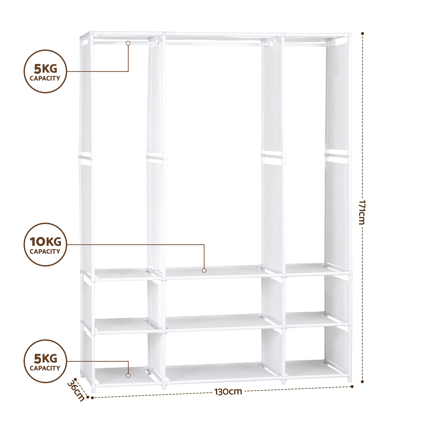 Artiss Portable Clothes Closet – White 130cm, 3 Rods & 9 Shelves