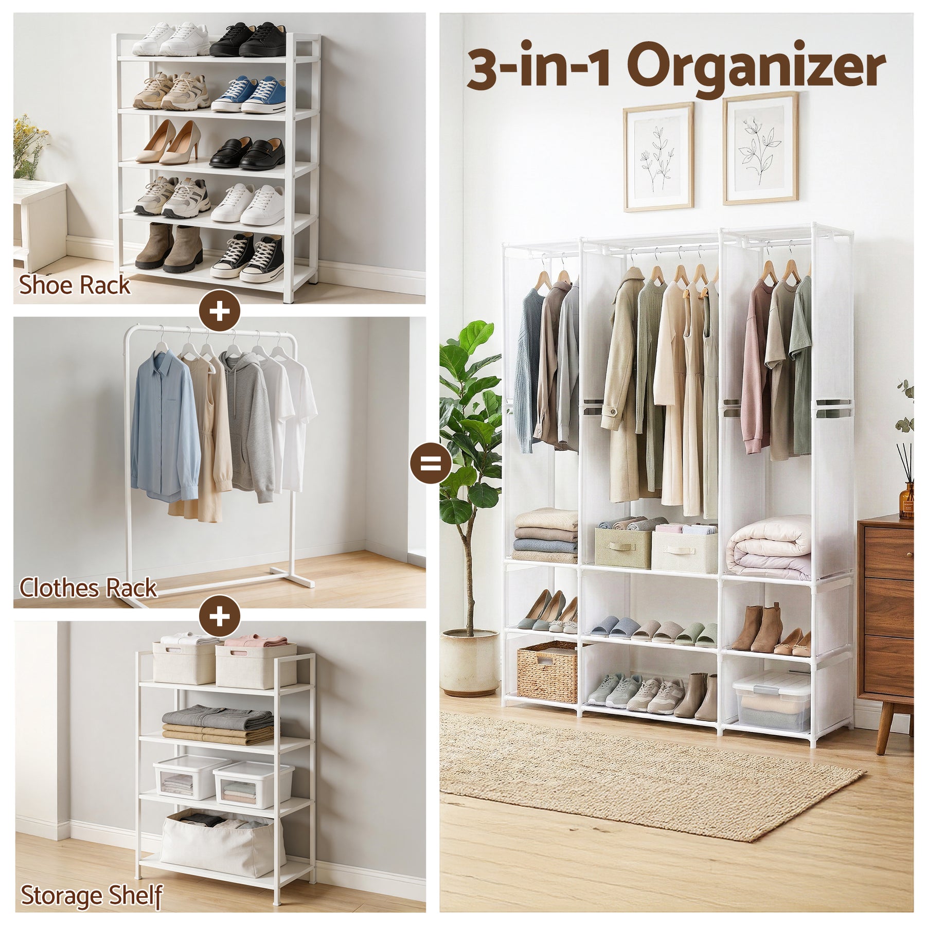 Artiss Portable Clothes Closet – White 130cm, 3 Rods & 9 Shelves