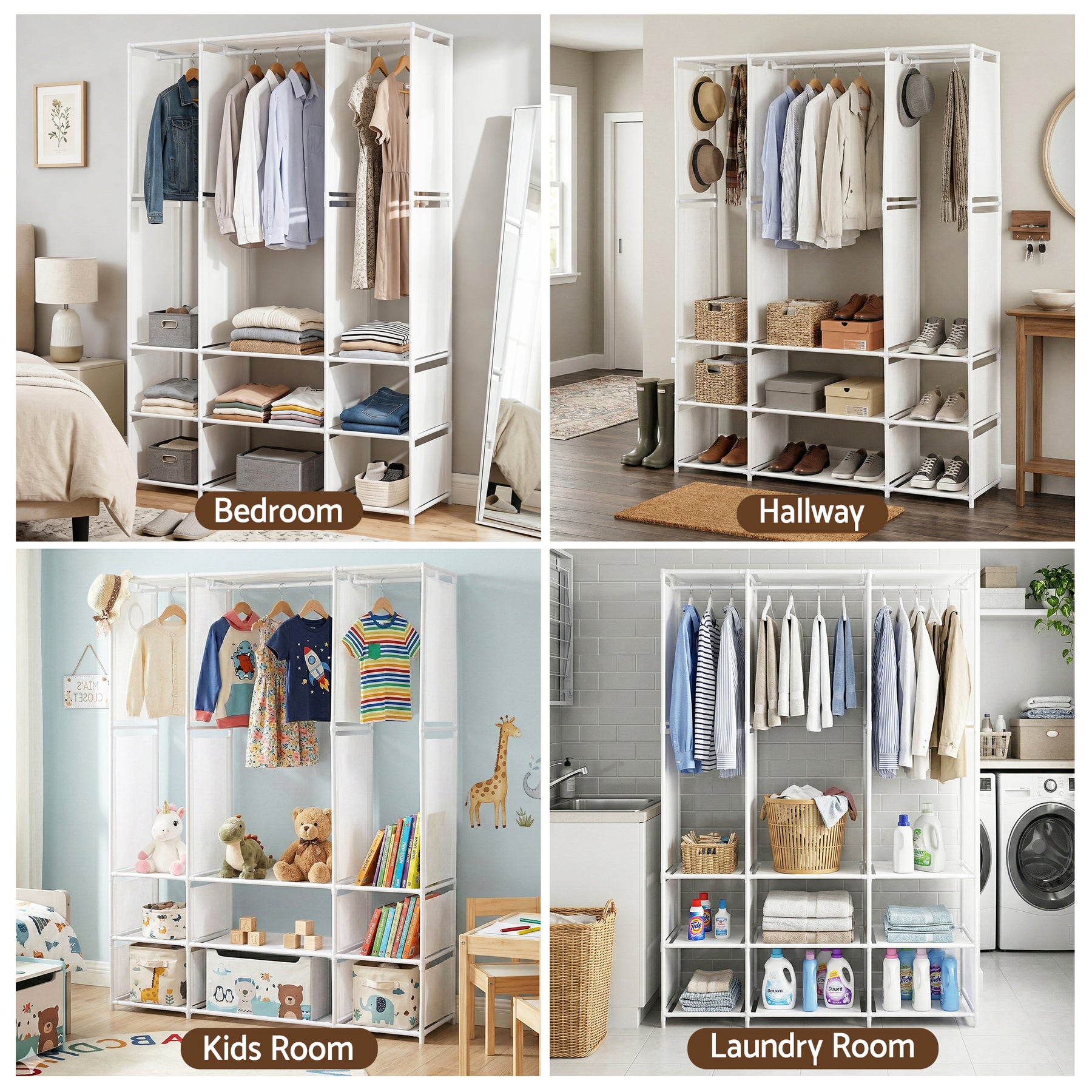 Artiss Portable Clothes Closet – White 130cm, 3 Rods & 9 Shelves