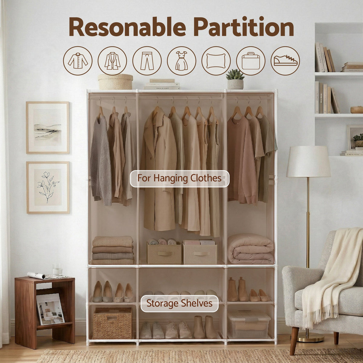 Artiss Portable Clothes Closet – White 130cm, 3 Rods & 9 Shelves