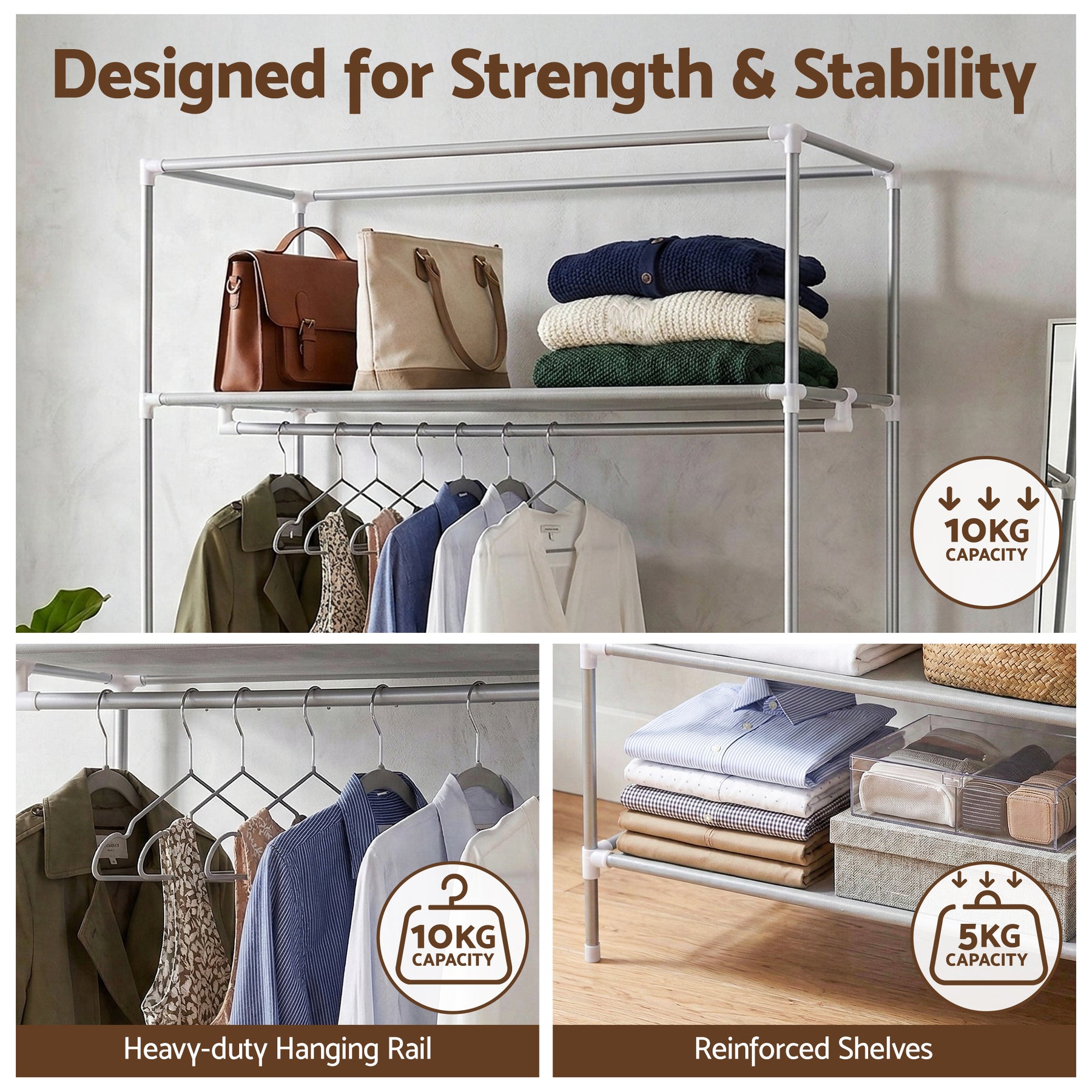 Artiss Portable Clothes Closet – Grey 90cm with Tiebacks & 3 Drawers