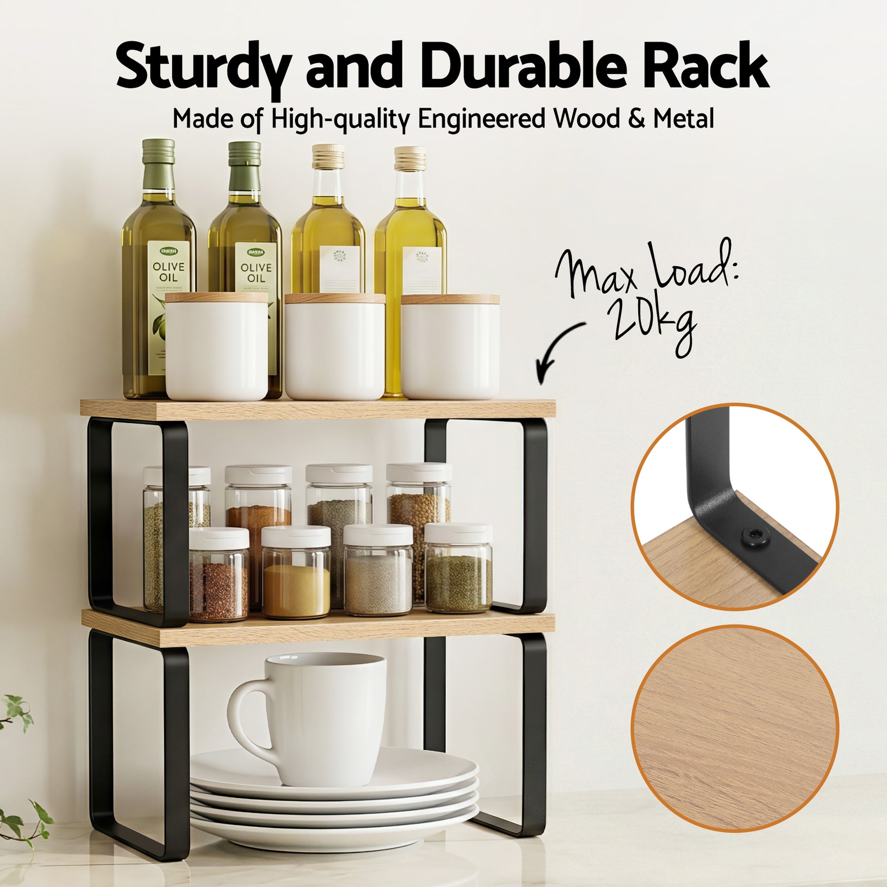 Cefito Kitchen Storage Shelf Organiser Set – Pine Wood 2 Pack