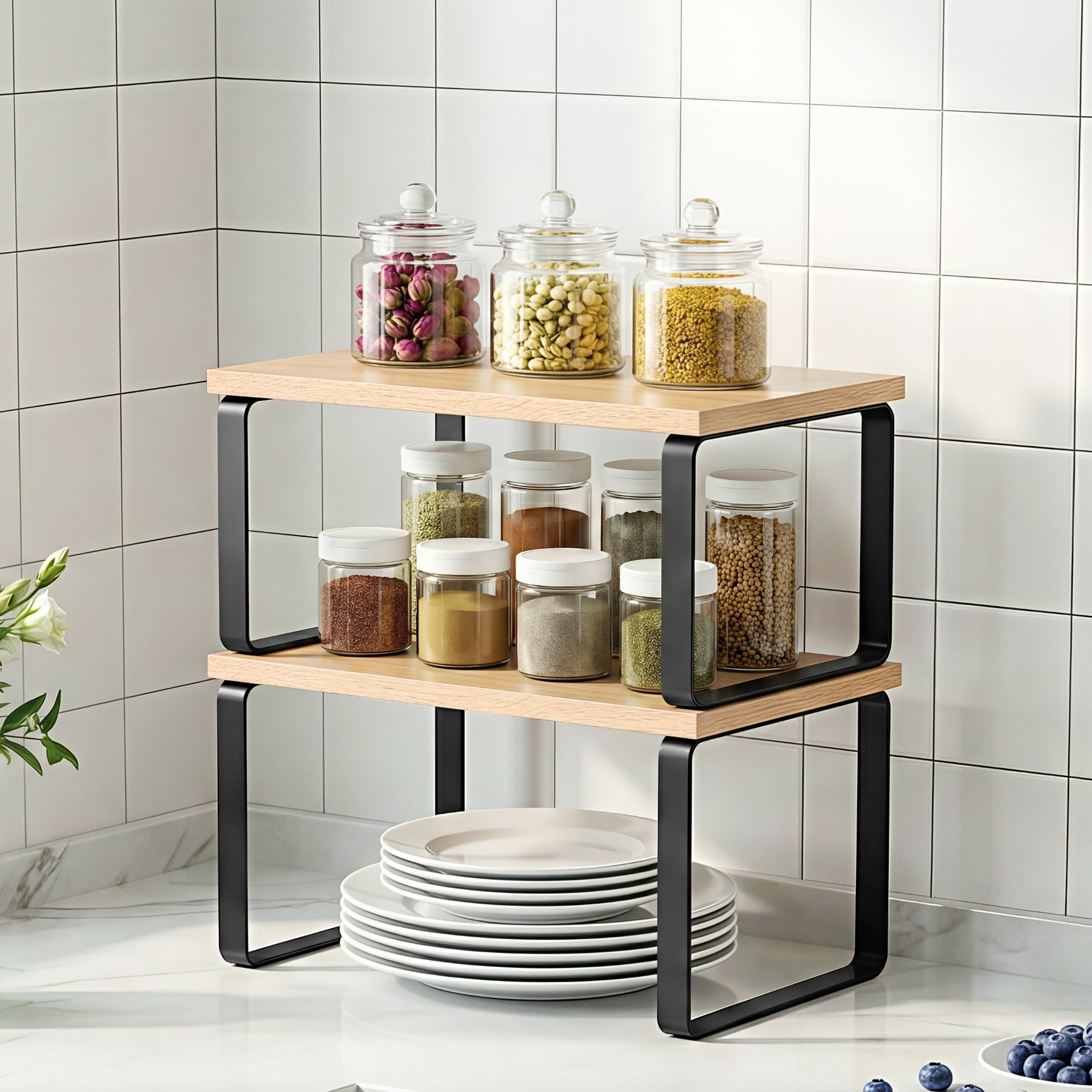 Cefito Kitchen Storage Shelf Organiser Set – Pine Wood 2 Pack