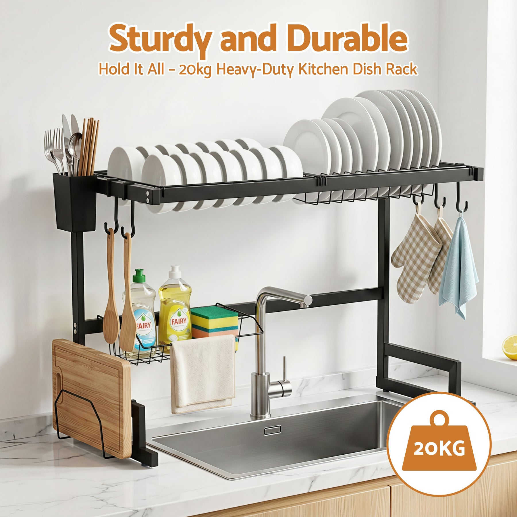 Cefito Over Sink Dish Drying Rack – Black 65cm, 2 Tier Carbon Steel