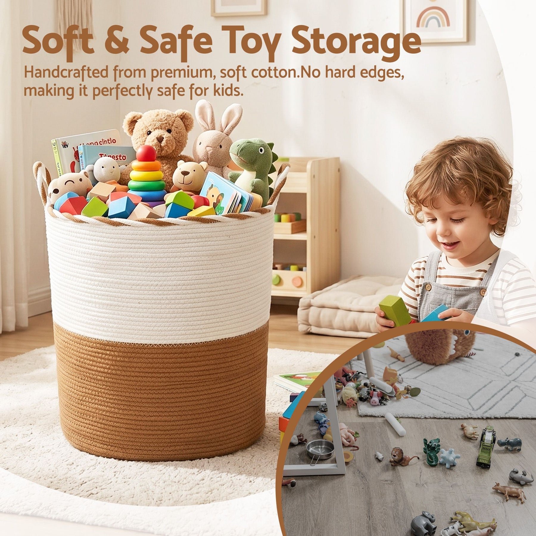 Artiss 47L Woven Laundry Basket – White & Brown Cotton Rope with Handles
