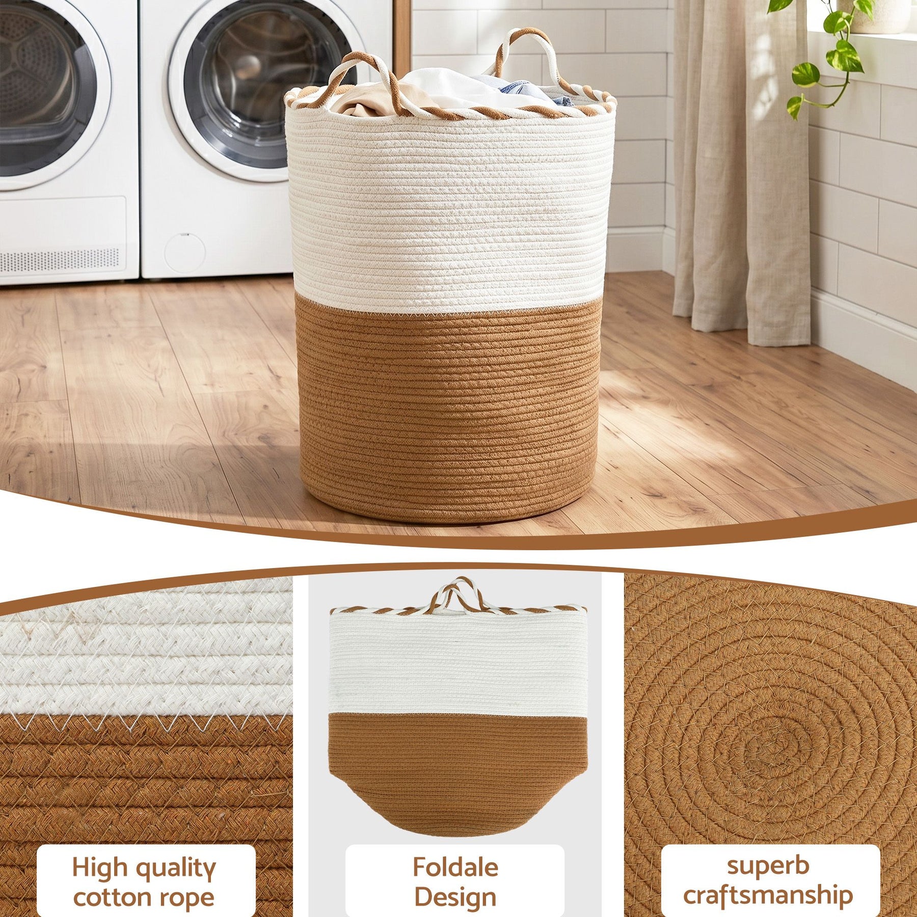 Artiss 47L Woven Laundry Basket – White & Brown Cotton Rope with Handles