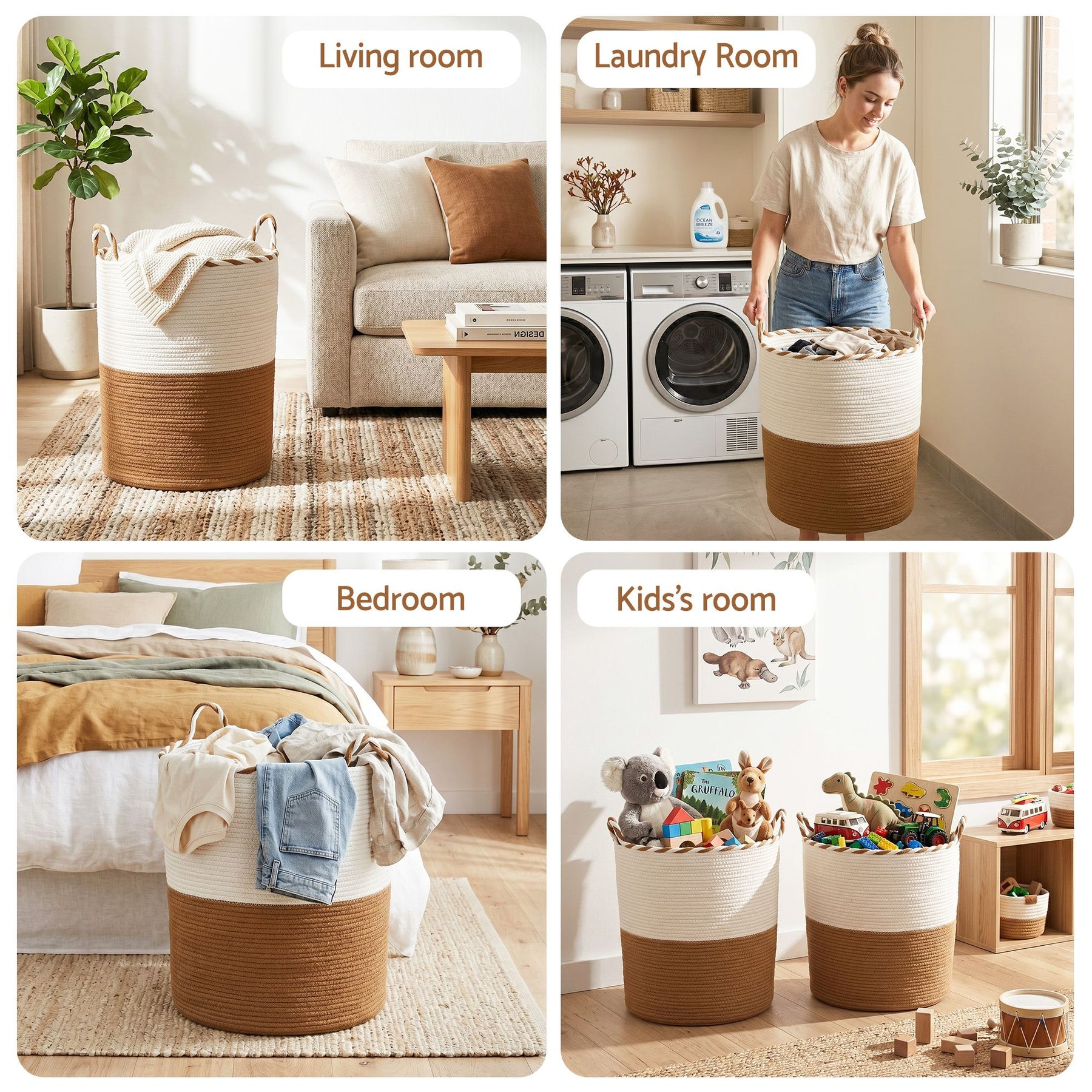 Artiss 47L Woven Laundry Basket – White & Brown Cotton Rope with Handles