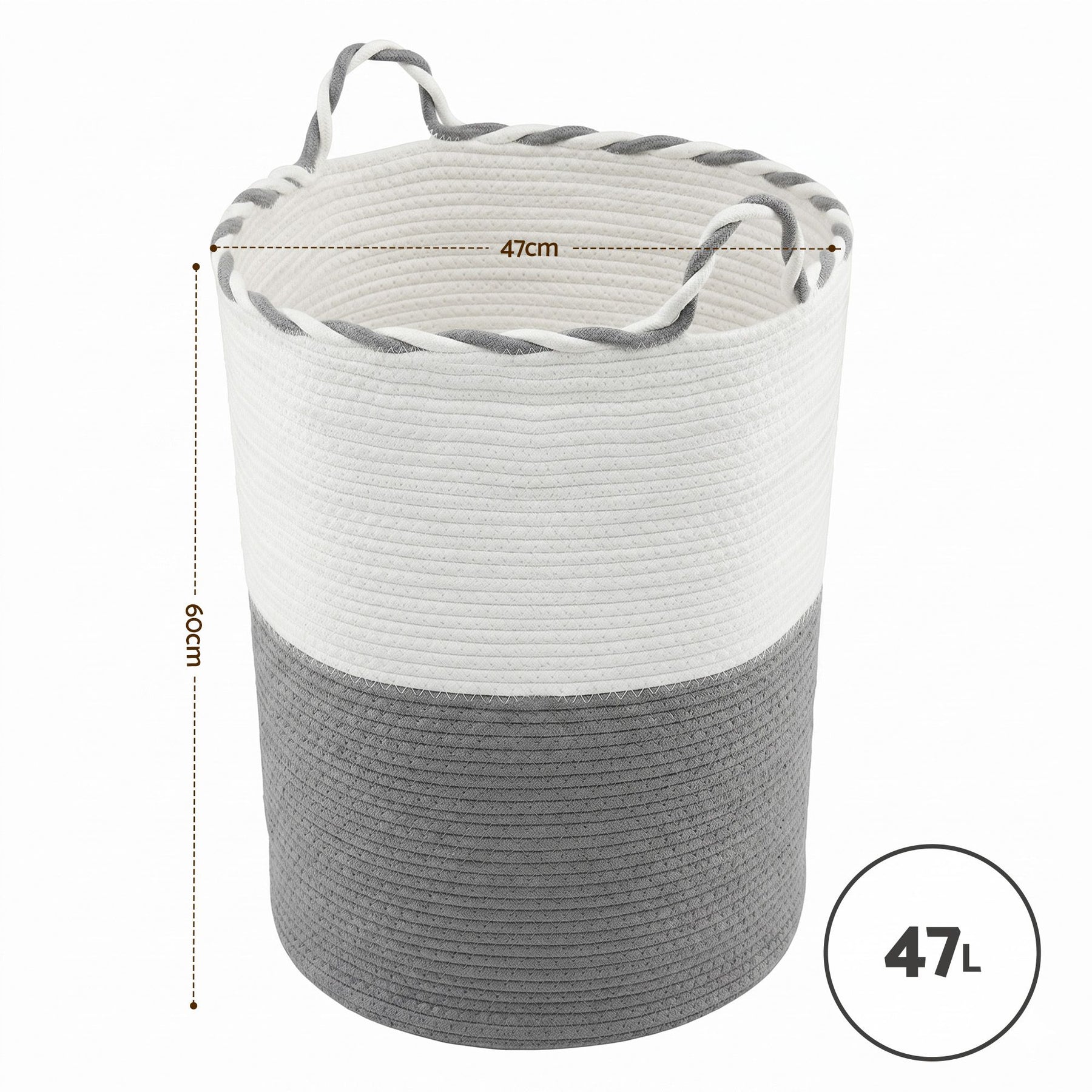 Artiss 47L Woven Laundry Basket – White & Grey Cotton Rope with Handles