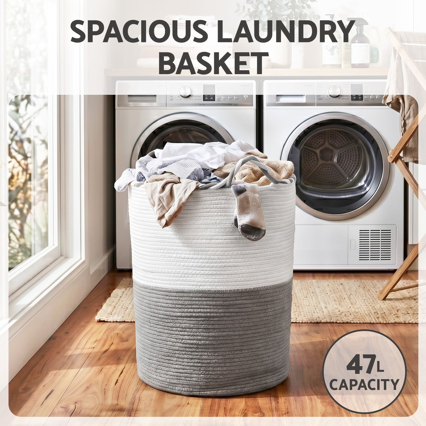 Artiss 47L Woven Laundry Basket – White & Grey Cotton Rope with Handles