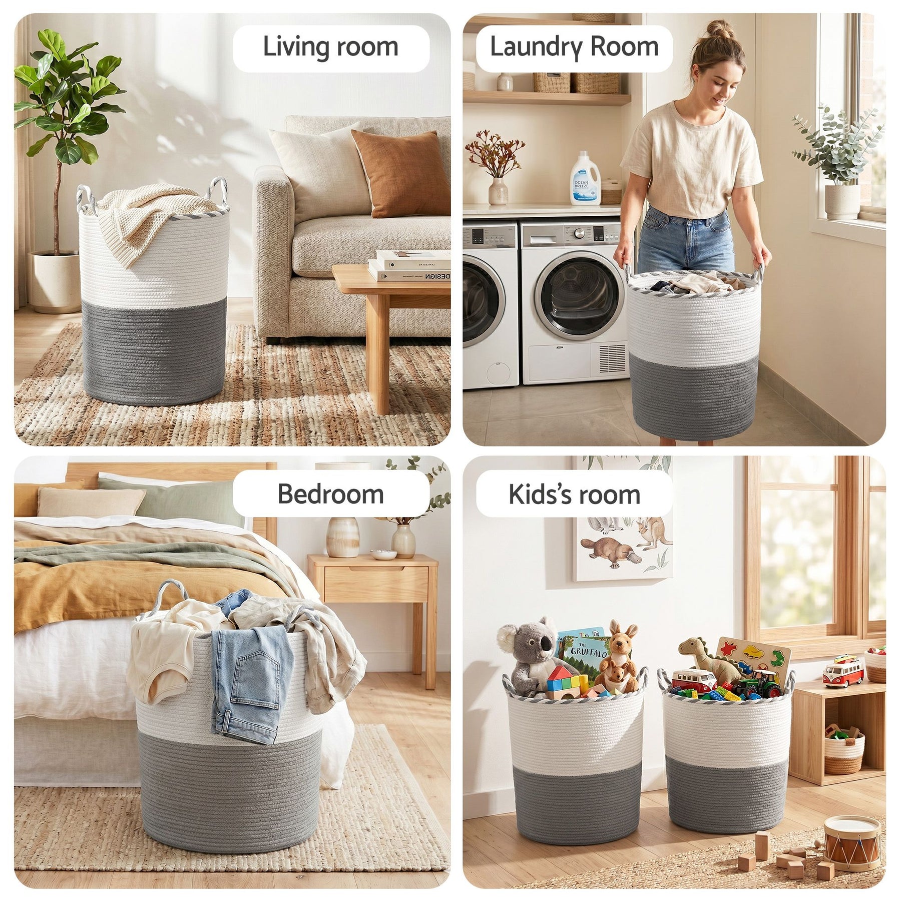 Artiss 47L Woven Laundry Basket – White & Grey Cotton Rope with Handles