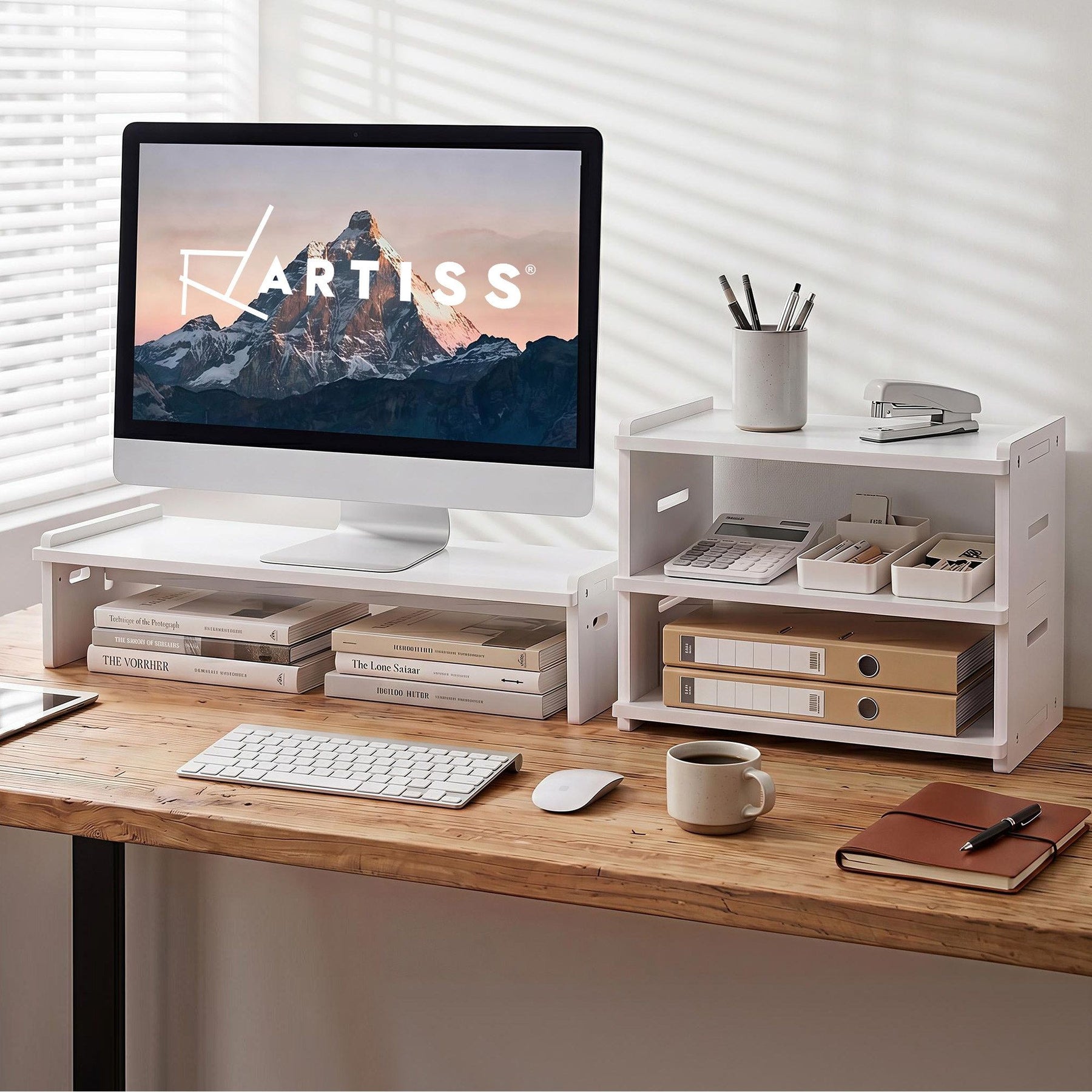 Artiss 2-in-1 Monitor Stand & 3-Tier Desk Organiser – White PVC, 20kg Capacity