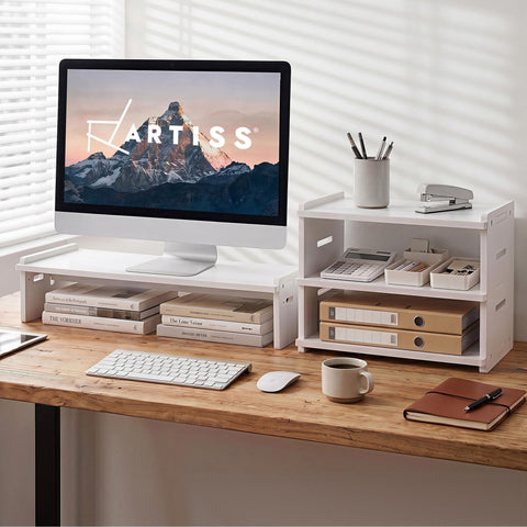 Artiss 2-in-1 Monitor Stand & 3-Tier Desk Organiser – White PVC, 20kg Capacity