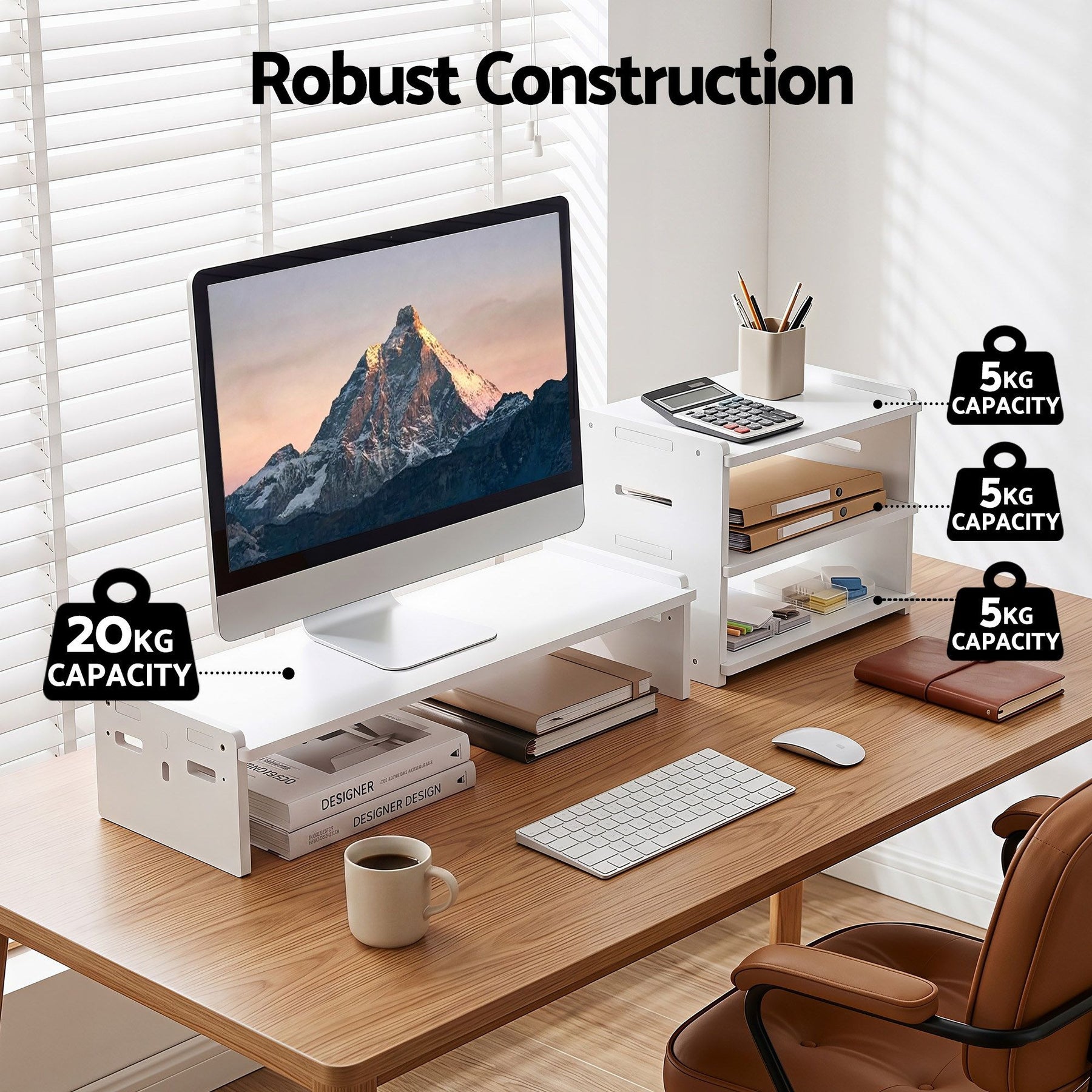 Artiss 2-in-1 Monitor Stand & 3-Tier Desk Organiser – White PVC, 20kg Capacity
