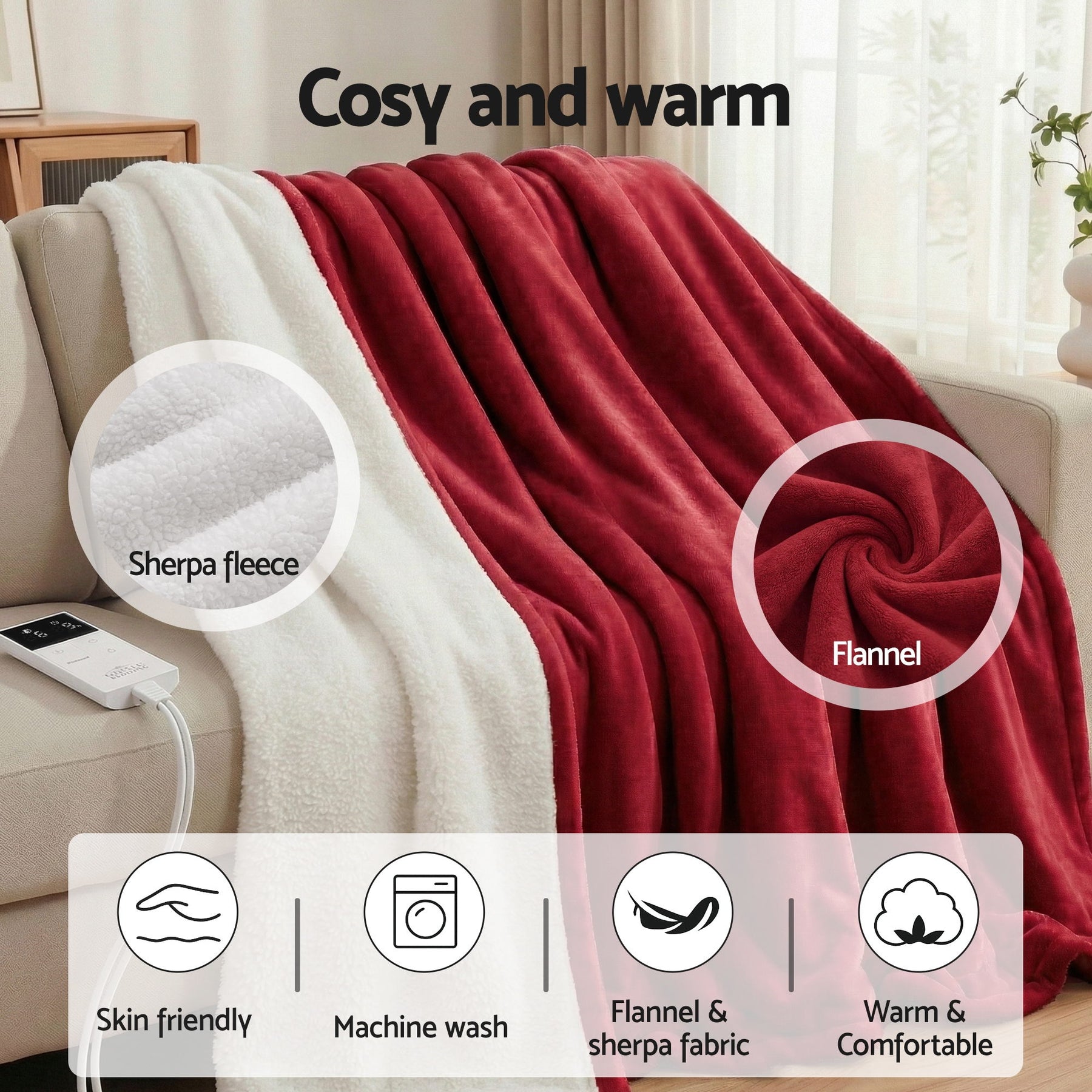 Giselle Bedding Electric Throw Rug – Burgundy 200 x 180cm, 9 Heat Settings