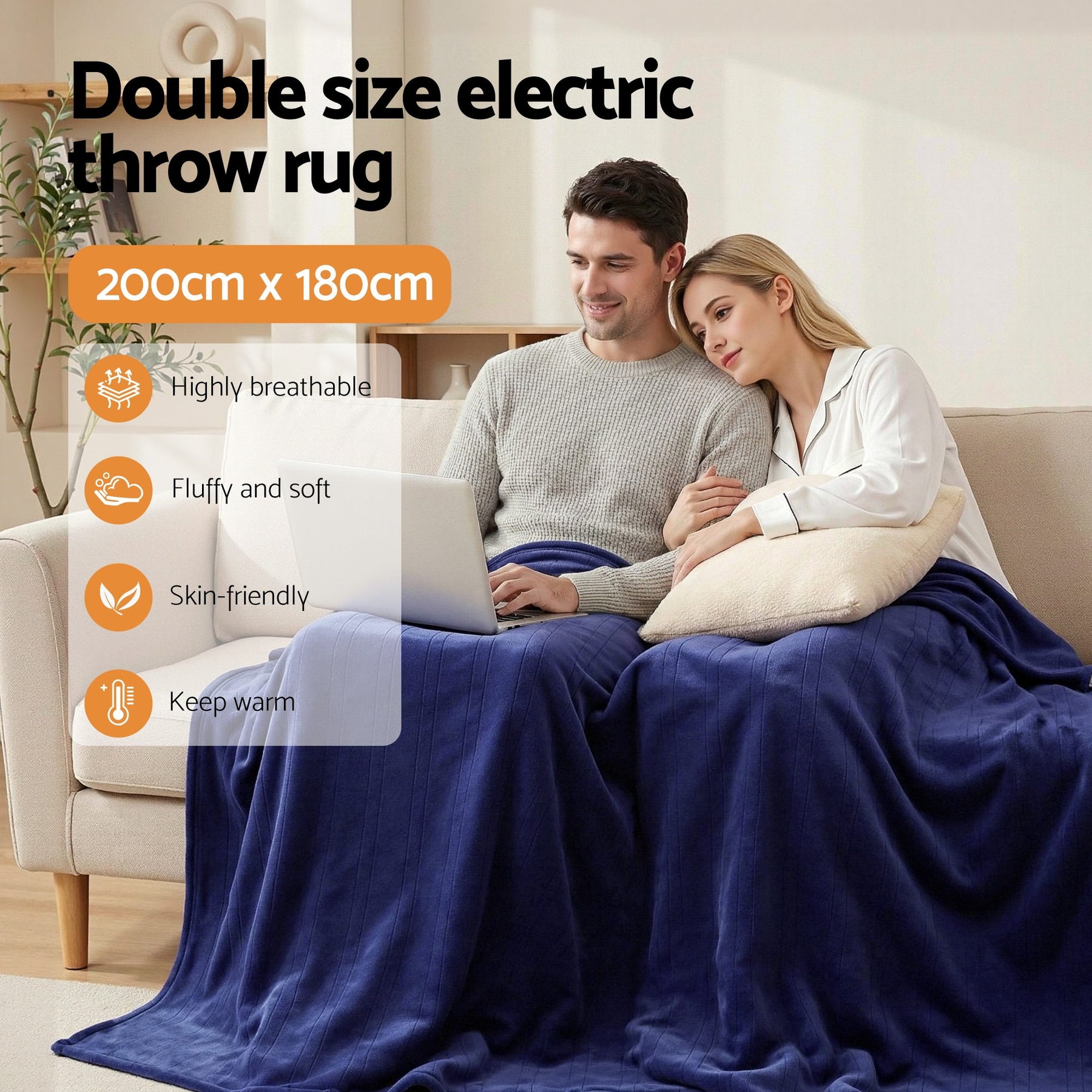 Giselle Bedding Electric Throw Rug – Navy Blue 200 x 180cm, 9 Heat Settings