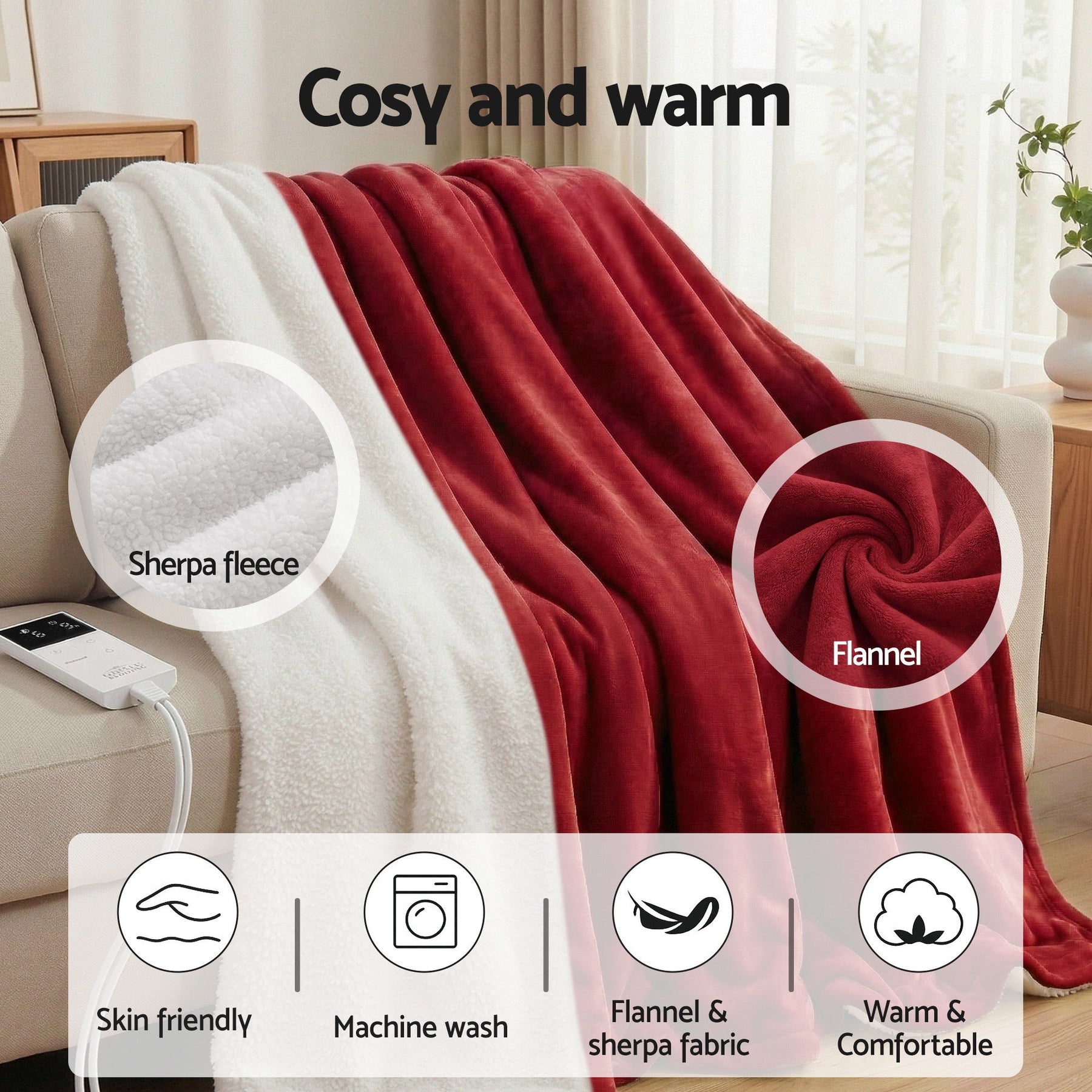 Giselle Bedding Electric Throw Rug – Burgundy 160 x 130cm, 9 Heat Settings