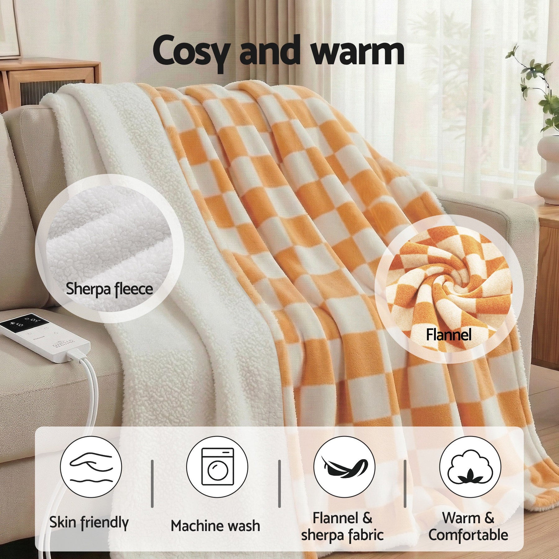Giselle Bedding Electric Throw Rug – Yellow 160 x 130cm, 9 Heat Settings