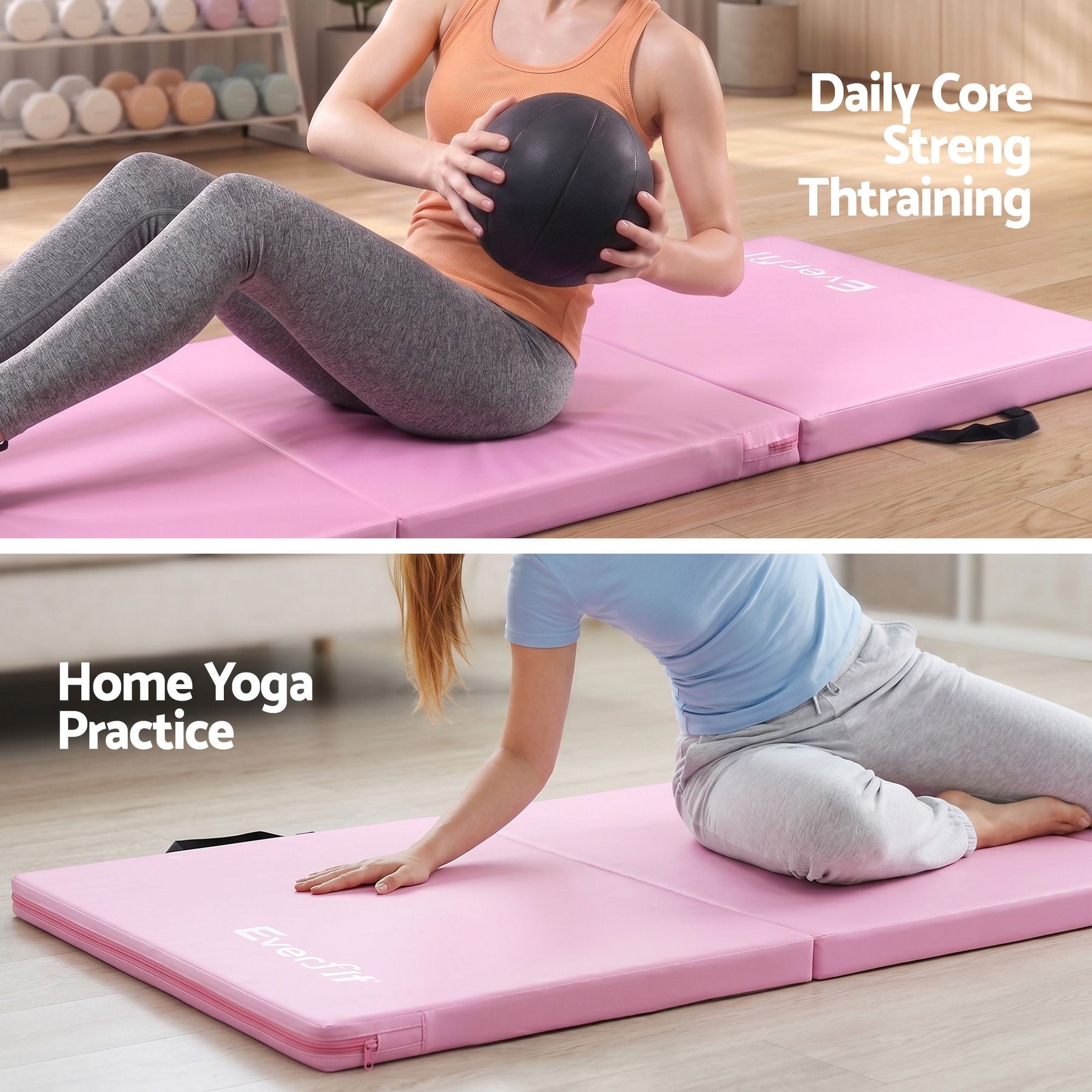 Everfit Pink Folding Gymnastics Mat with Carry Handles - 181 x 61cm