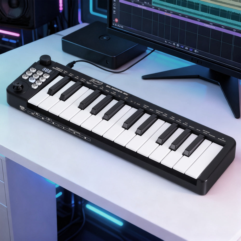 Alpha 25-Key MIDI Keyboard Controller USB Portable - Black